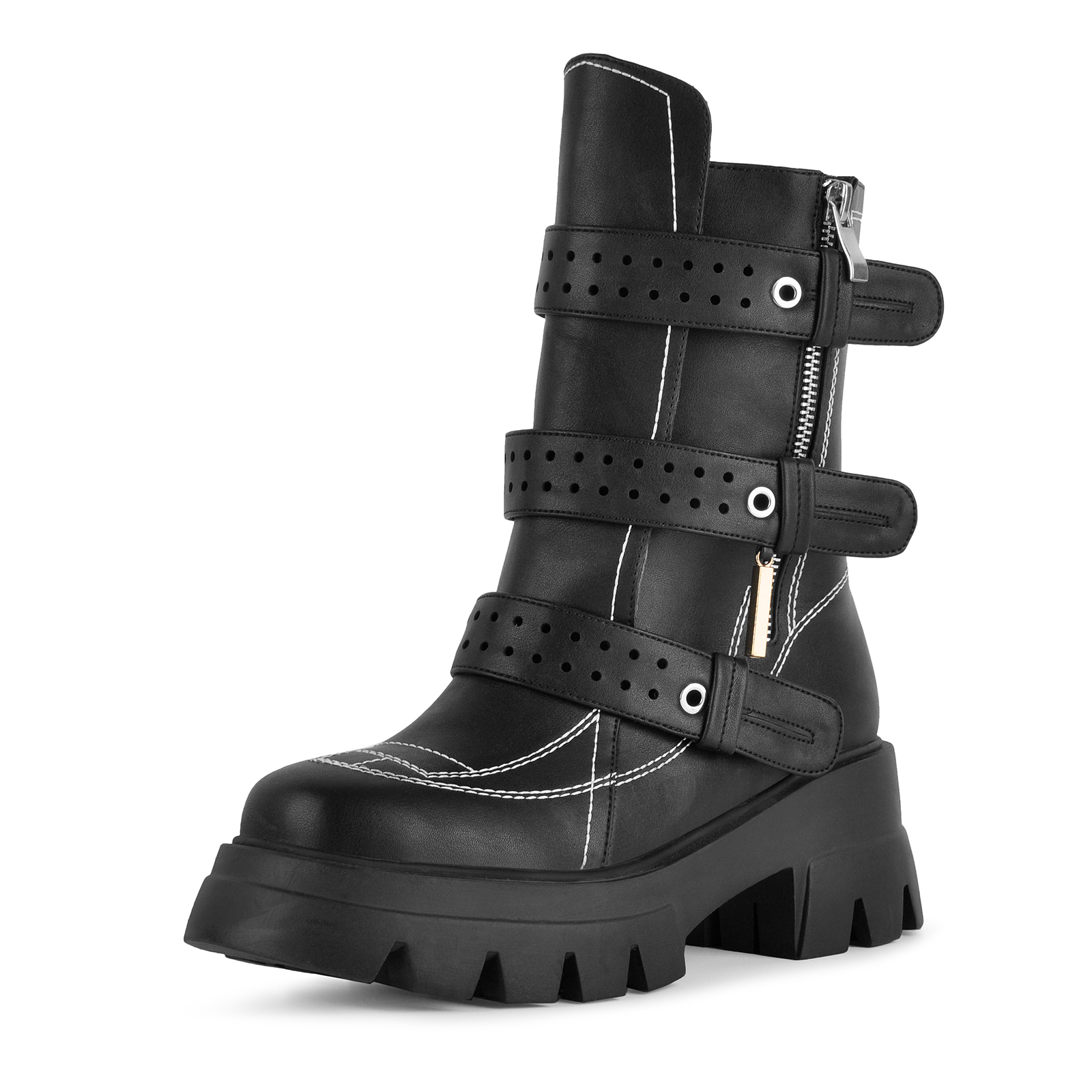 Platform Stitch Multi Buckle Strap Zipper Ankle Boots