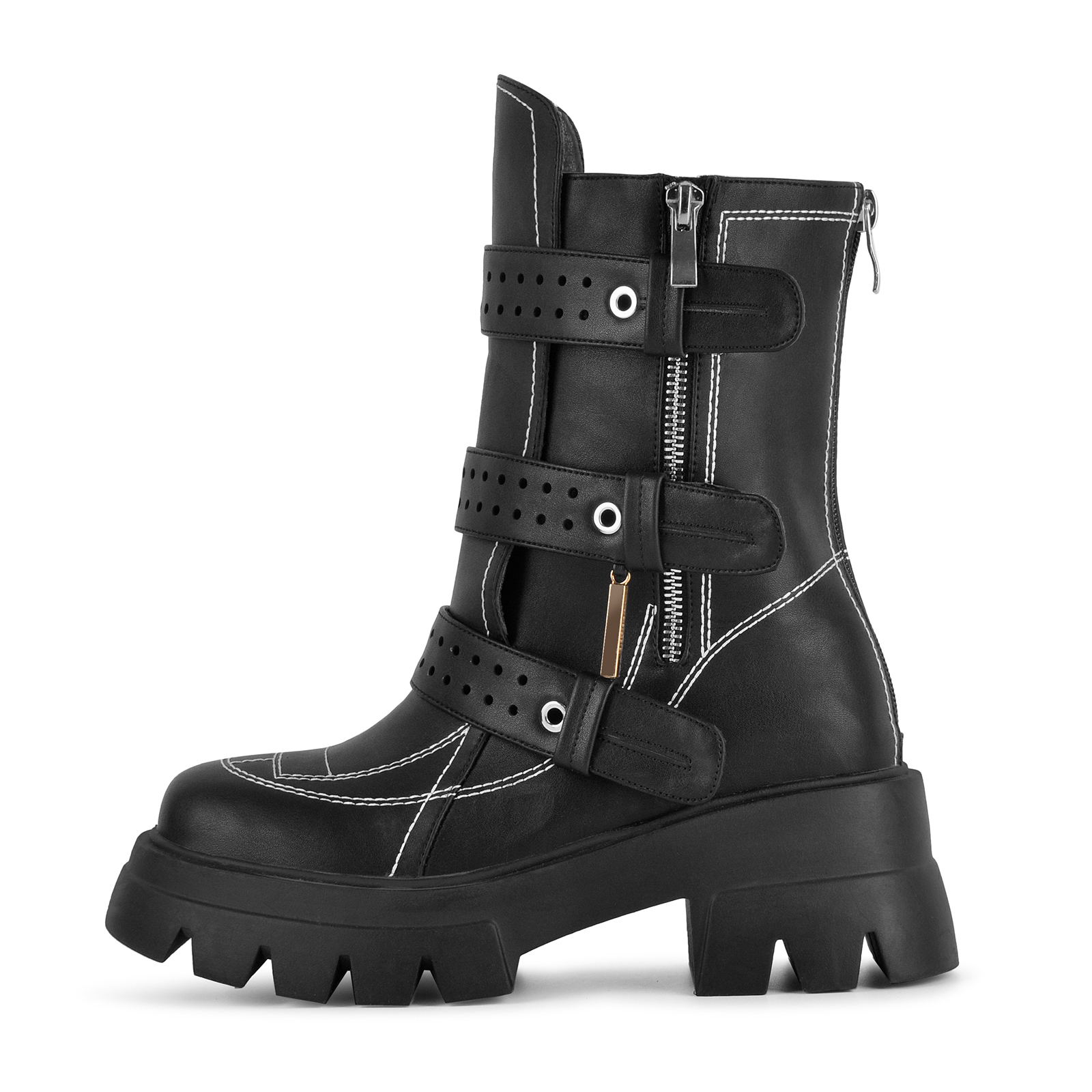 Platform Stitch Multi Buckle Strap Zipper Ankle Boots