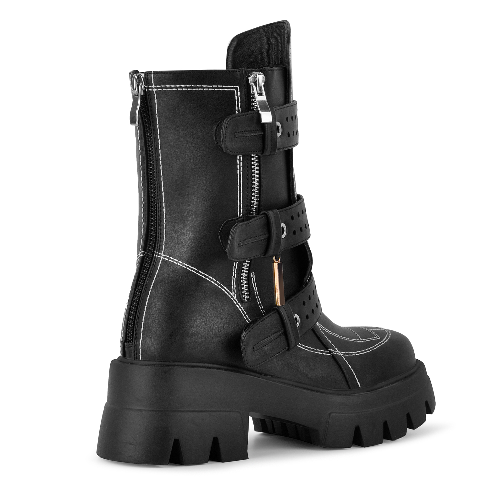 Platform Stitch Multi Buckle Strap Zipper Ankle Boots