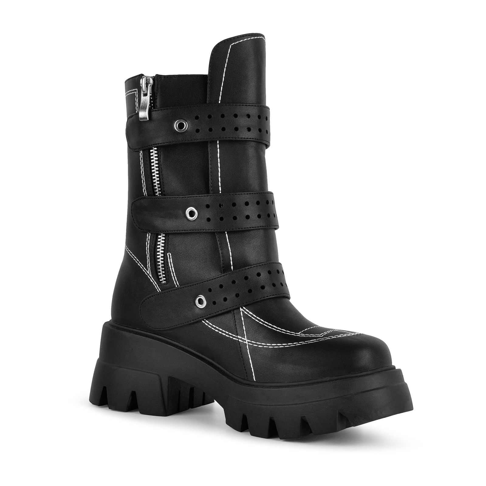 Platform Stitch Multi Buckle Strap Zipper Ankle Boots