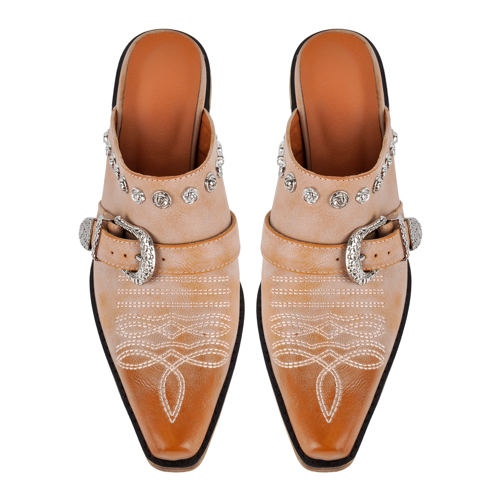 Embroidery Metal Floral Studded Buckle Western Mules