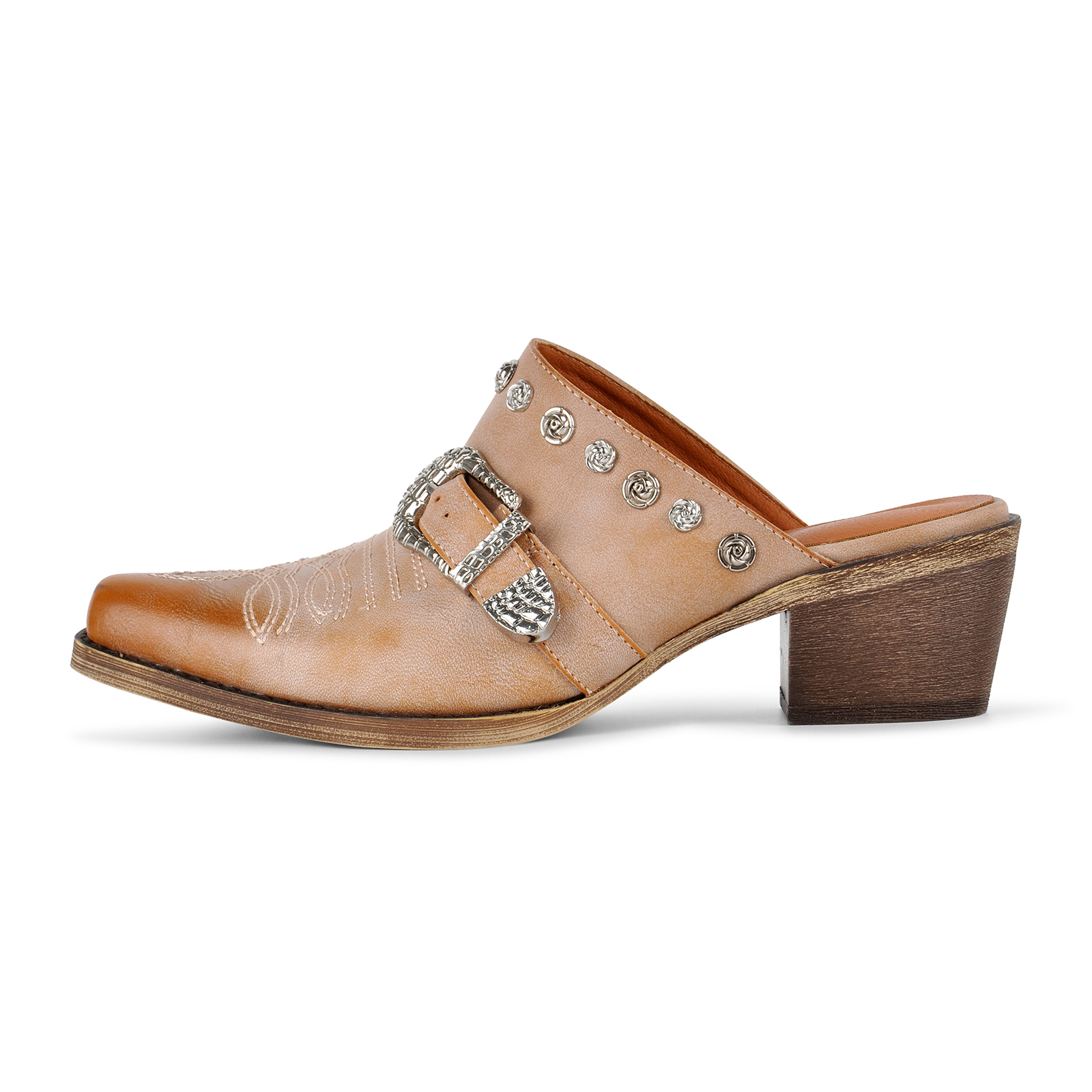 Embroidery Metal Floral Studded Buckle Western Mules