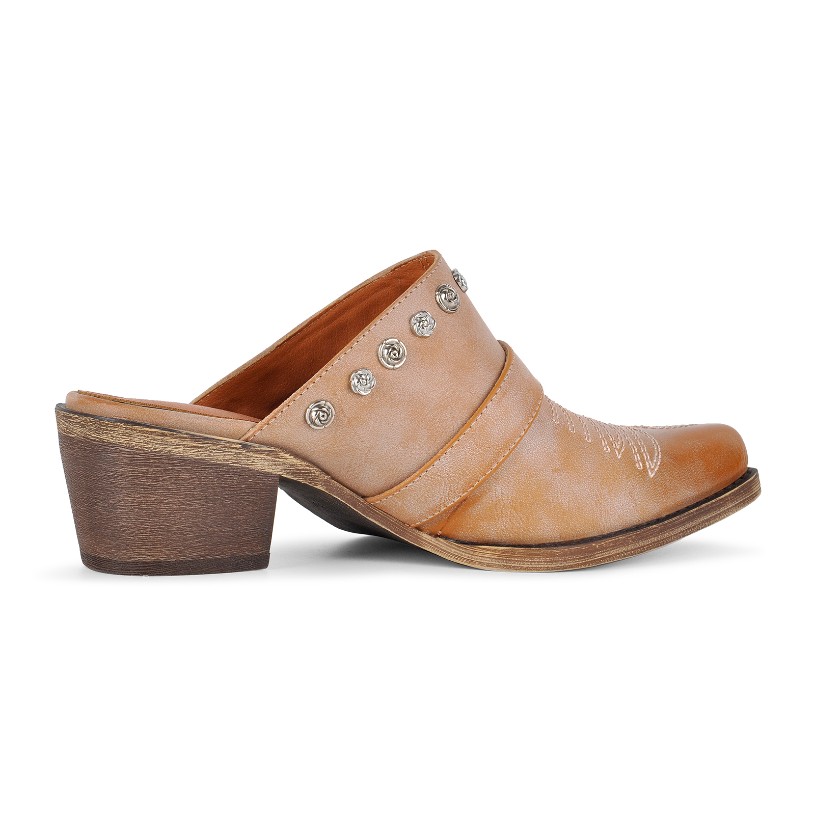 Embroidery Metal Floral Studded Buckle Western Mules