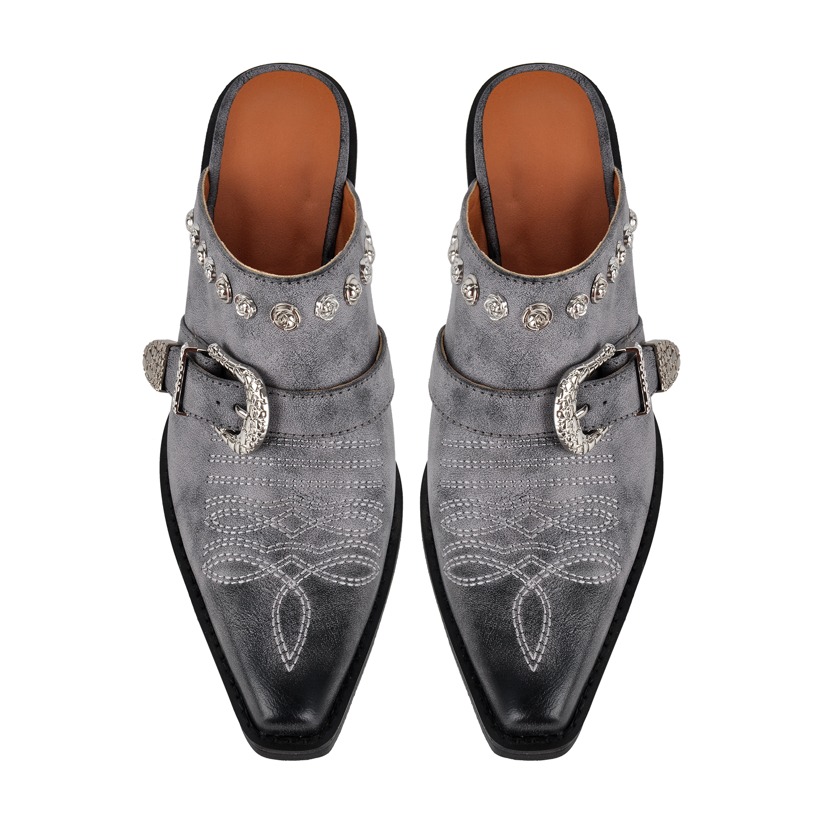 Embroidery Metal Floral Studded Buckle Western Mules