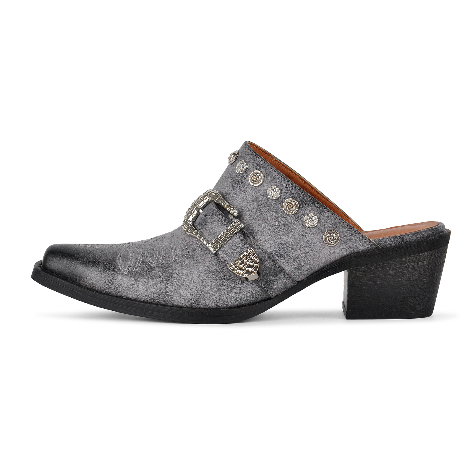 Embroidery Metal Floral Studded Buckle Western Mules