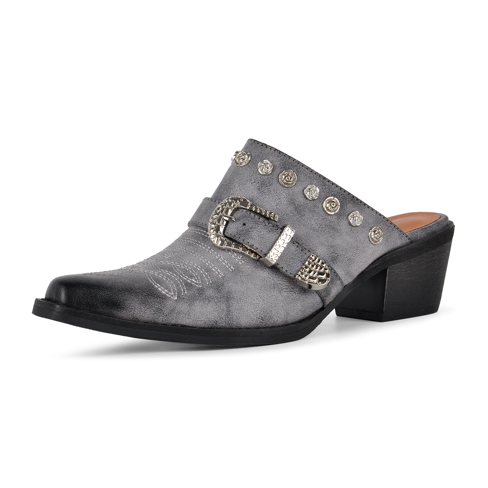 Embroidery Metal Floral Studded Buckle Western Mules