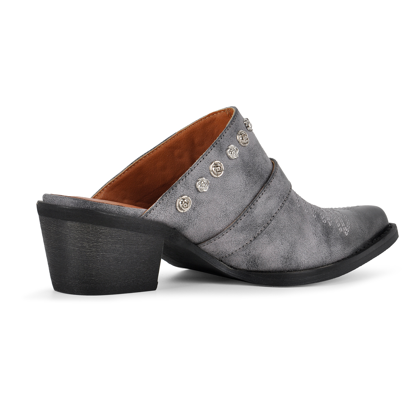 Embroidery Metal Floral Studded Buckle Western Mules