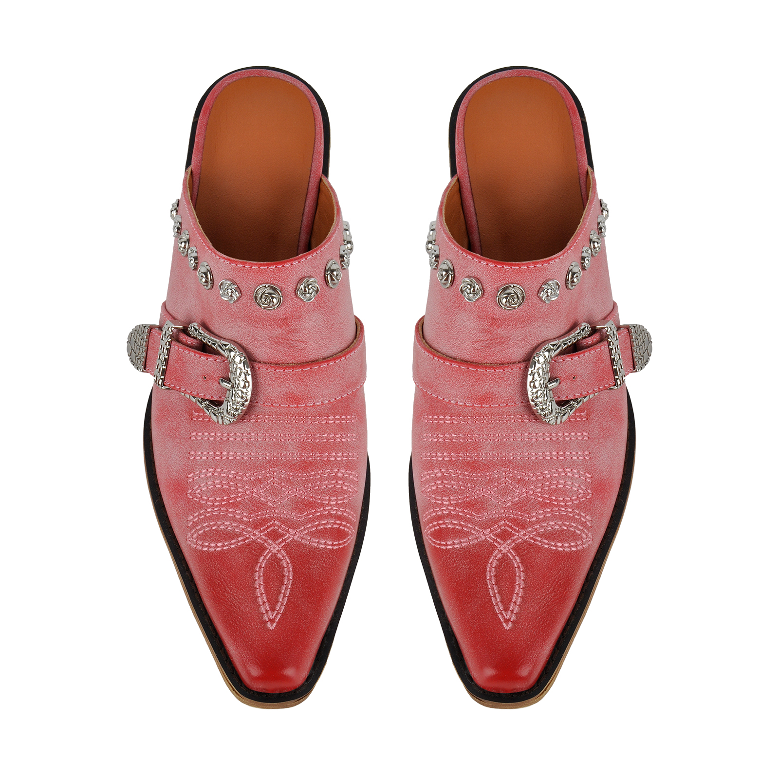 Embroidery Metal Floral Studded Buckle Western Mules