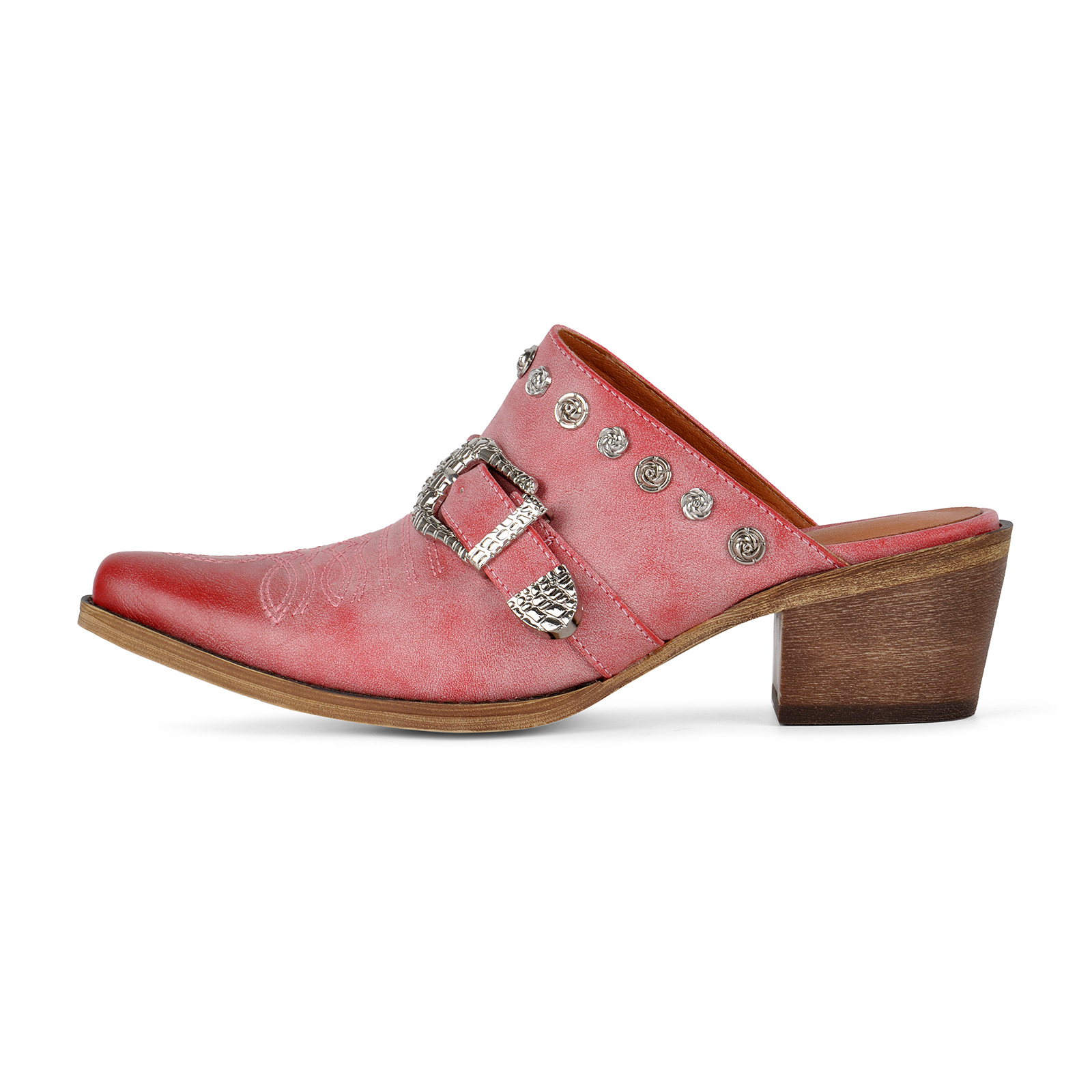 Embroidery Metal Floral Studded Buckle Western Mules
