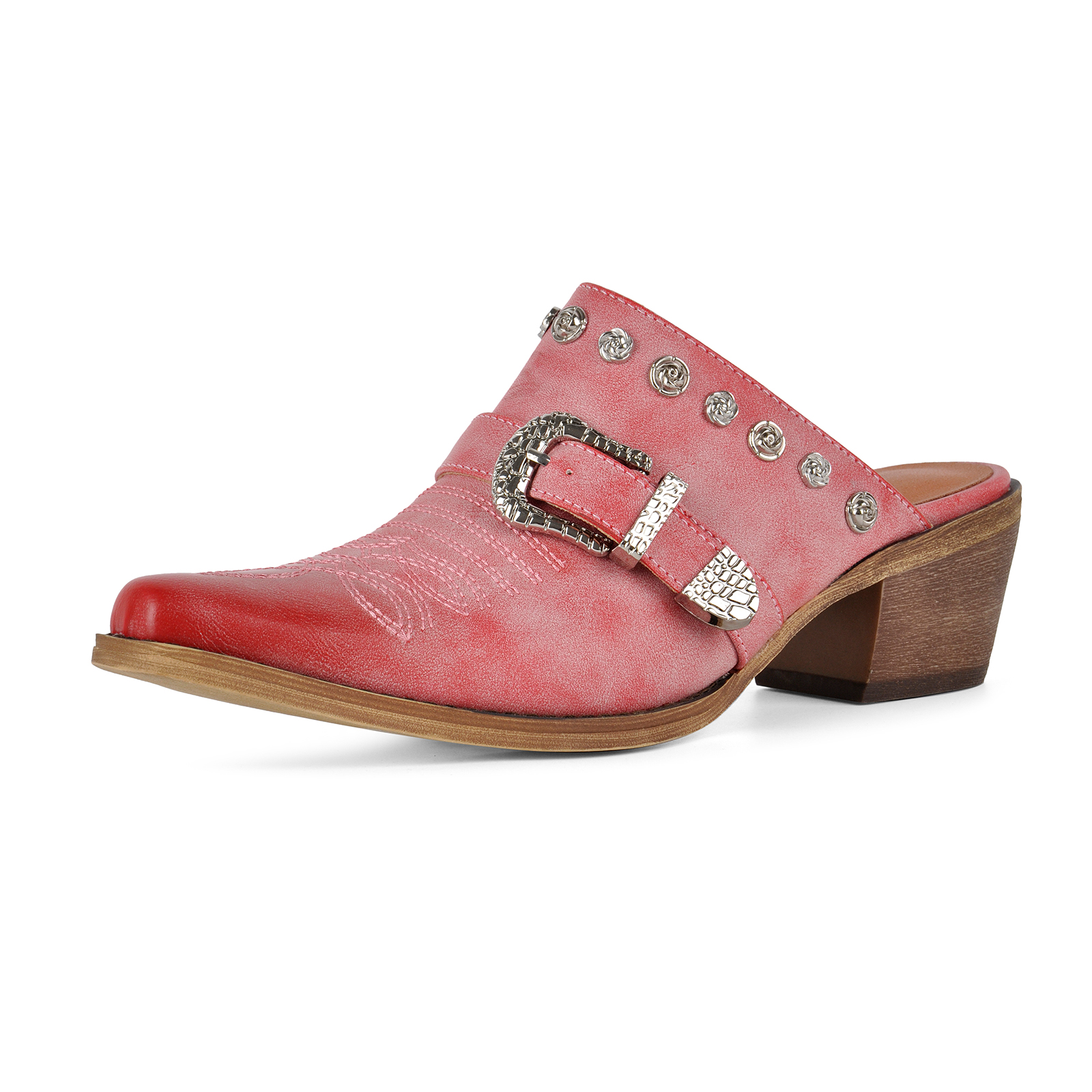 Embroidery Metal Floral Studded Buckle Western Mules