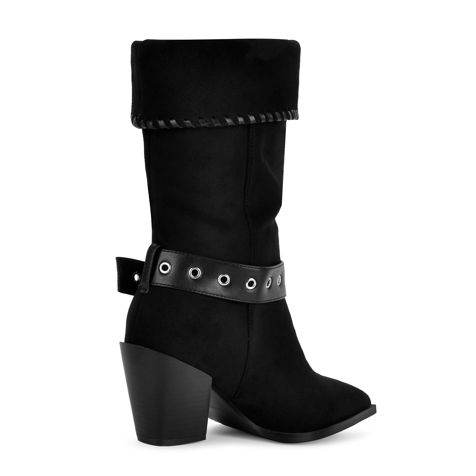 Suede Buckle Stitched Fold Cuff Western Mid-Calf Boots