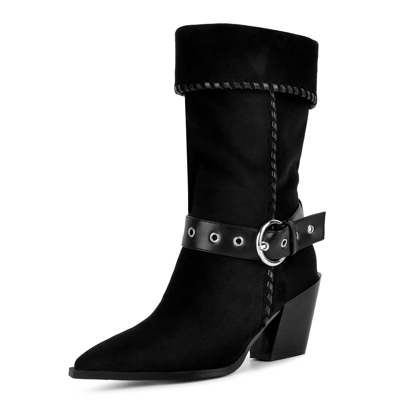 Suede Buckle Stitched Fold Cuff Western Mid-Calf Boots