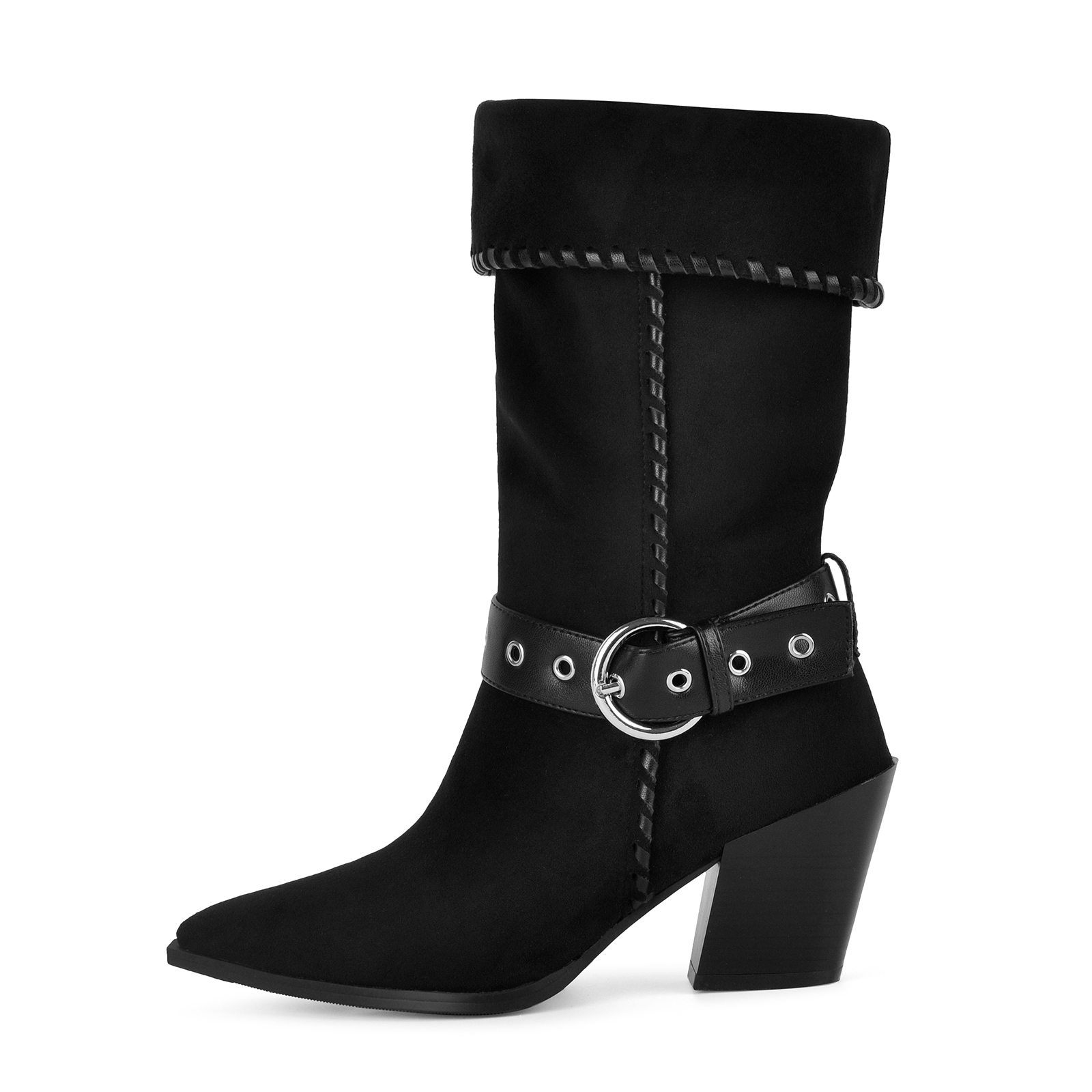 Suede Buckle Stitched Fold Cuff Western Mid-Calf Boots