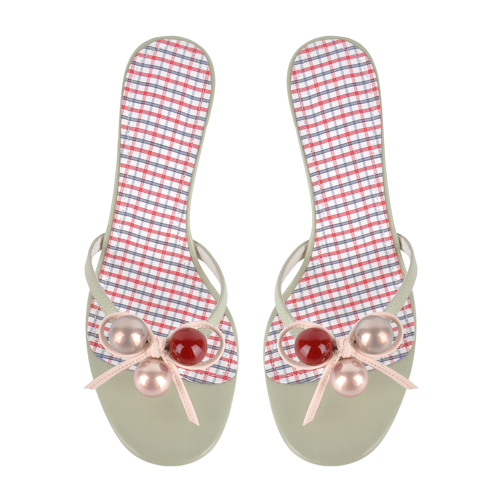 Bead Bow Flip-Flop Plaid Insole Mules