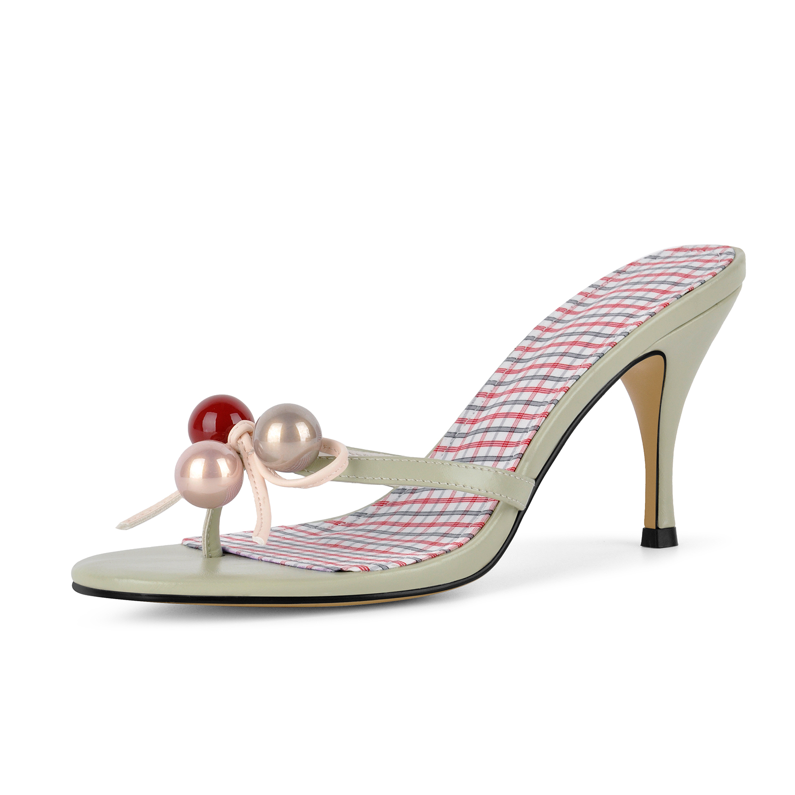 Bead Bow Flip-Flop Plaid Insole Mules