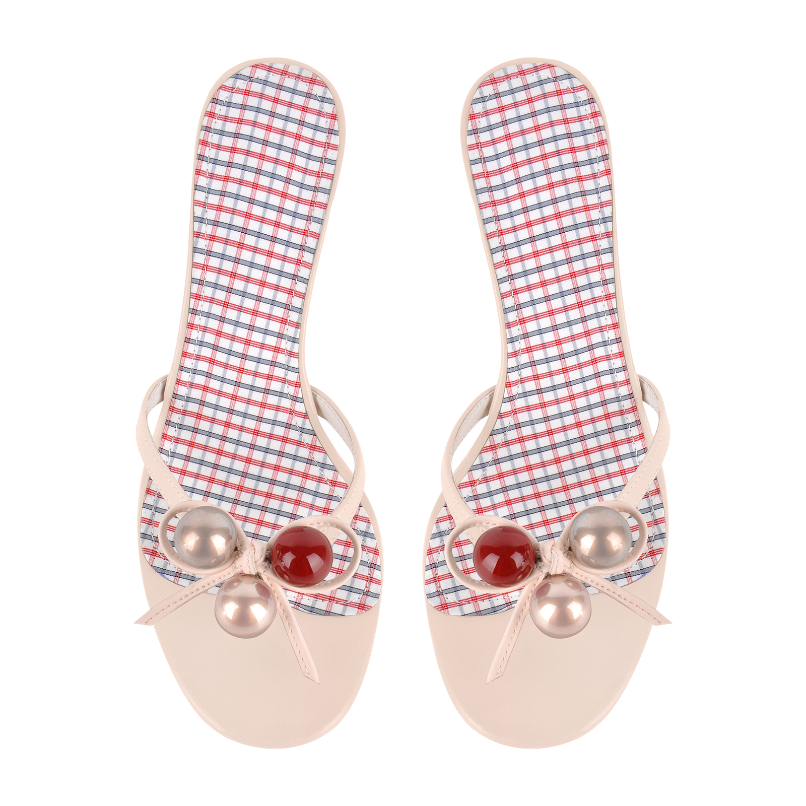 Bead Bow Flip-Flop Plaid Insole Mules