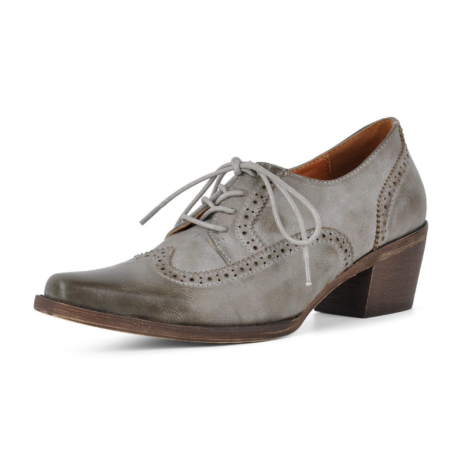 Square Toe Wingtip Lace-up Oxford Chunky Heels