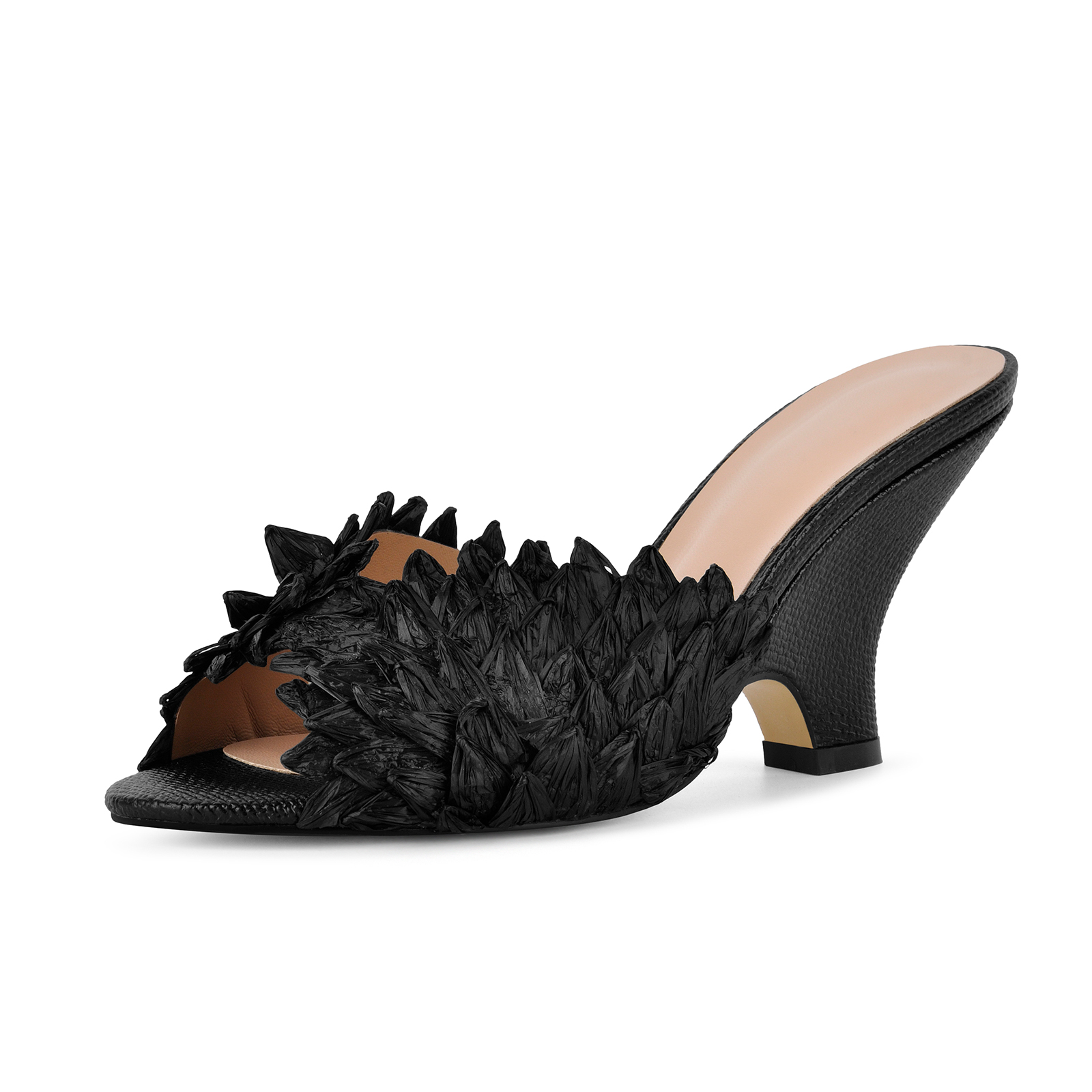 Woven Raffia Petal Wedge Heel Mules