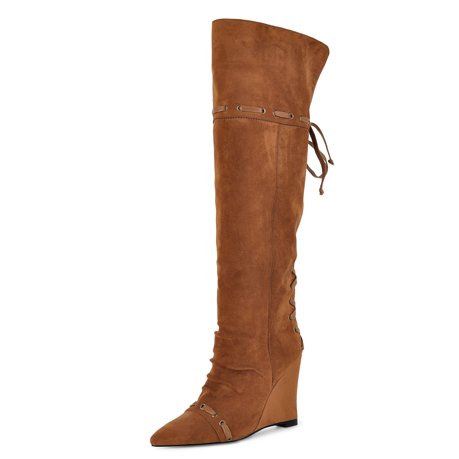 Pointed Toe Suede Lace-up Wedge Thigh High Boots