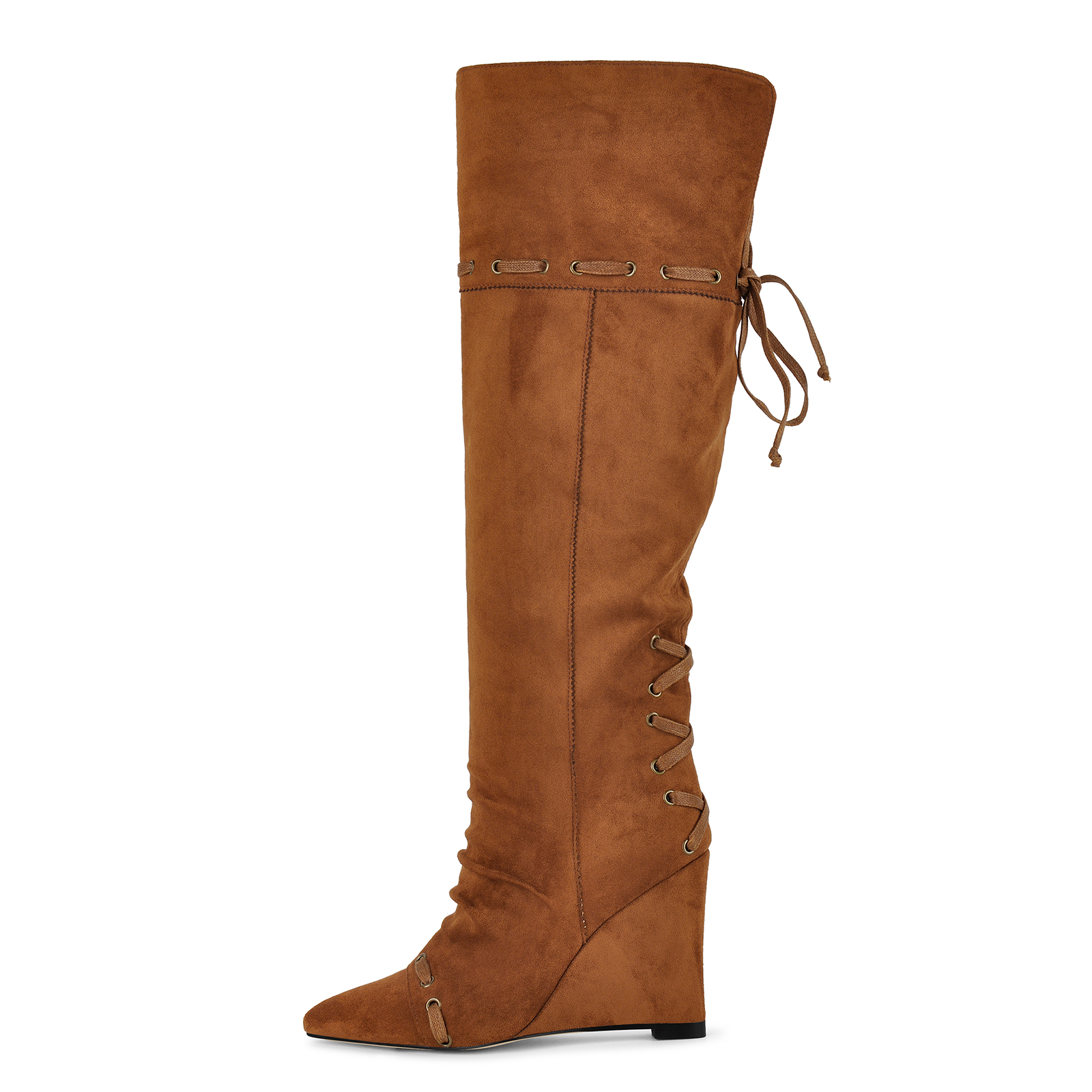 Pointed Toe Suede Lace-up Wedge Thigh High Boots