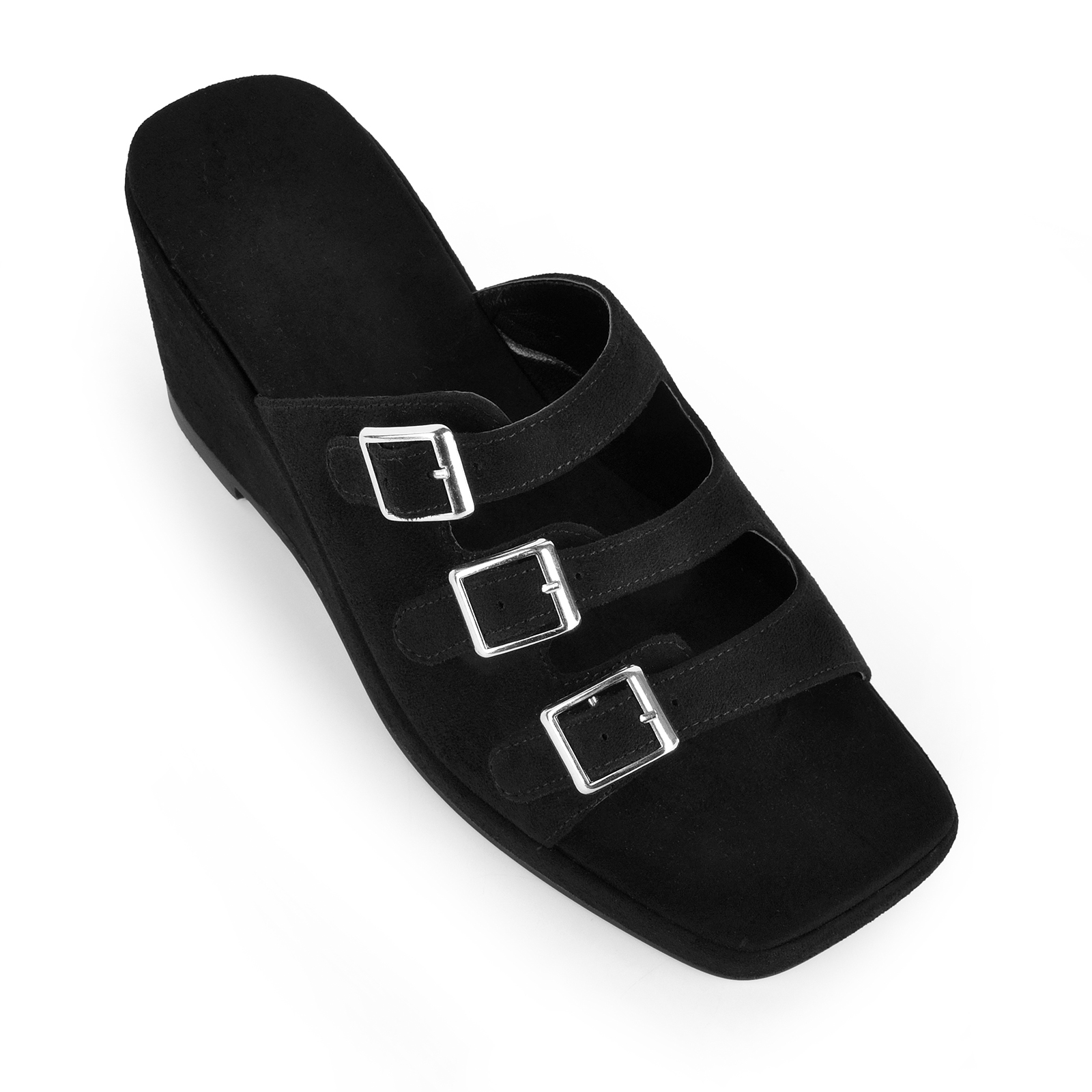 Square Toe Suede Multi Buckle Wedge Mules