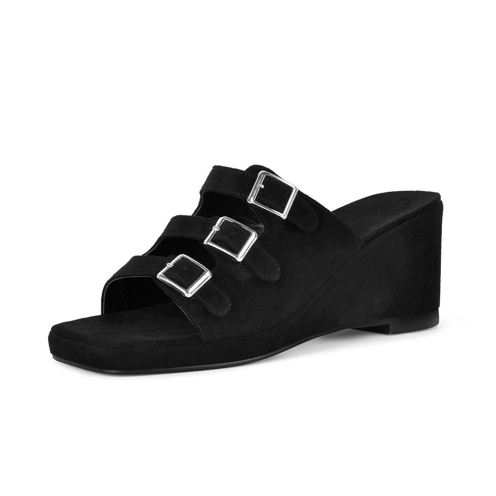 Square Toe Suede Multi Buckle Wedge Mules