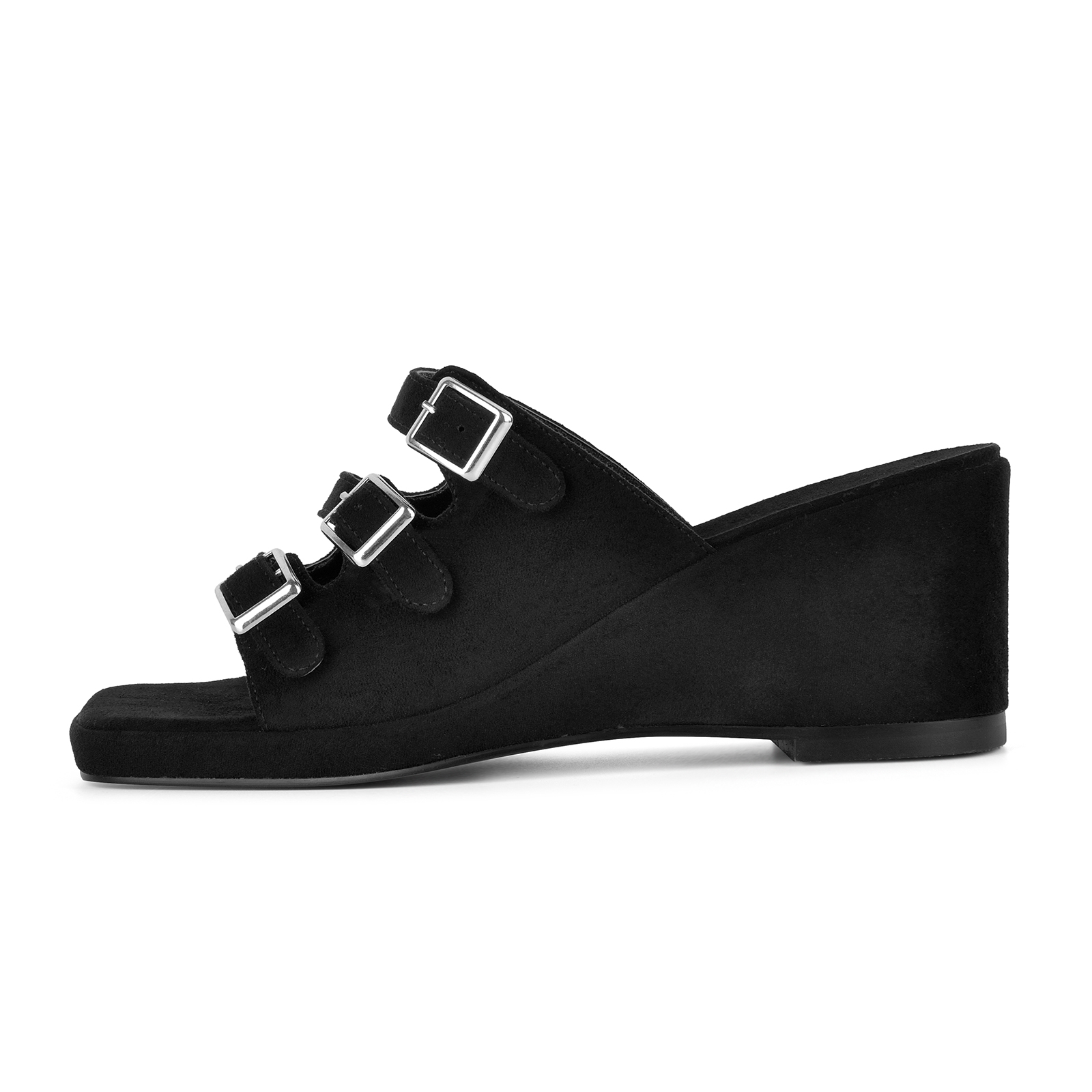 Square Toe Suede Multi Buckle Wedge Mules