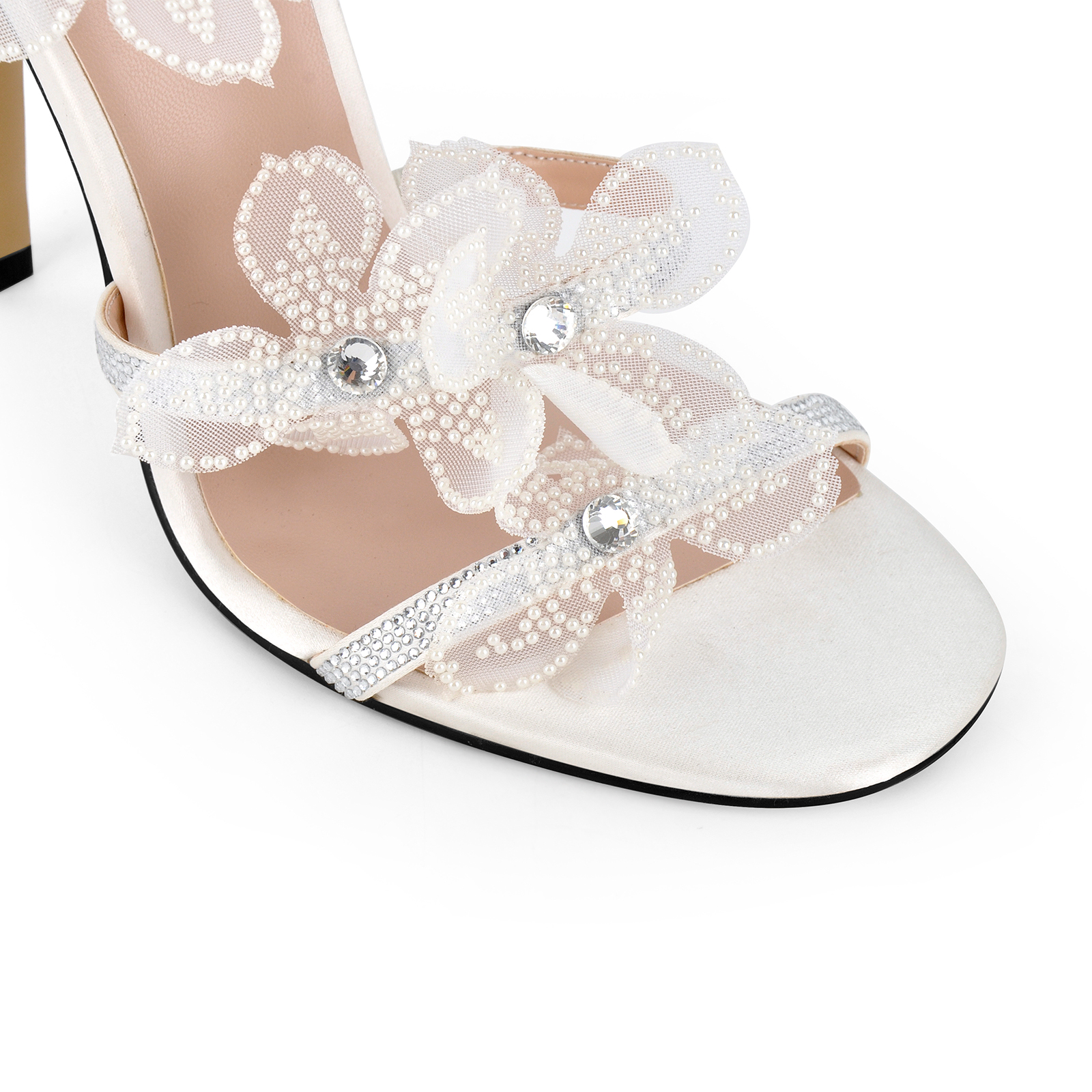 Beaded Flower Rhinestone Wrap Ankle Strap Satin Sandals
