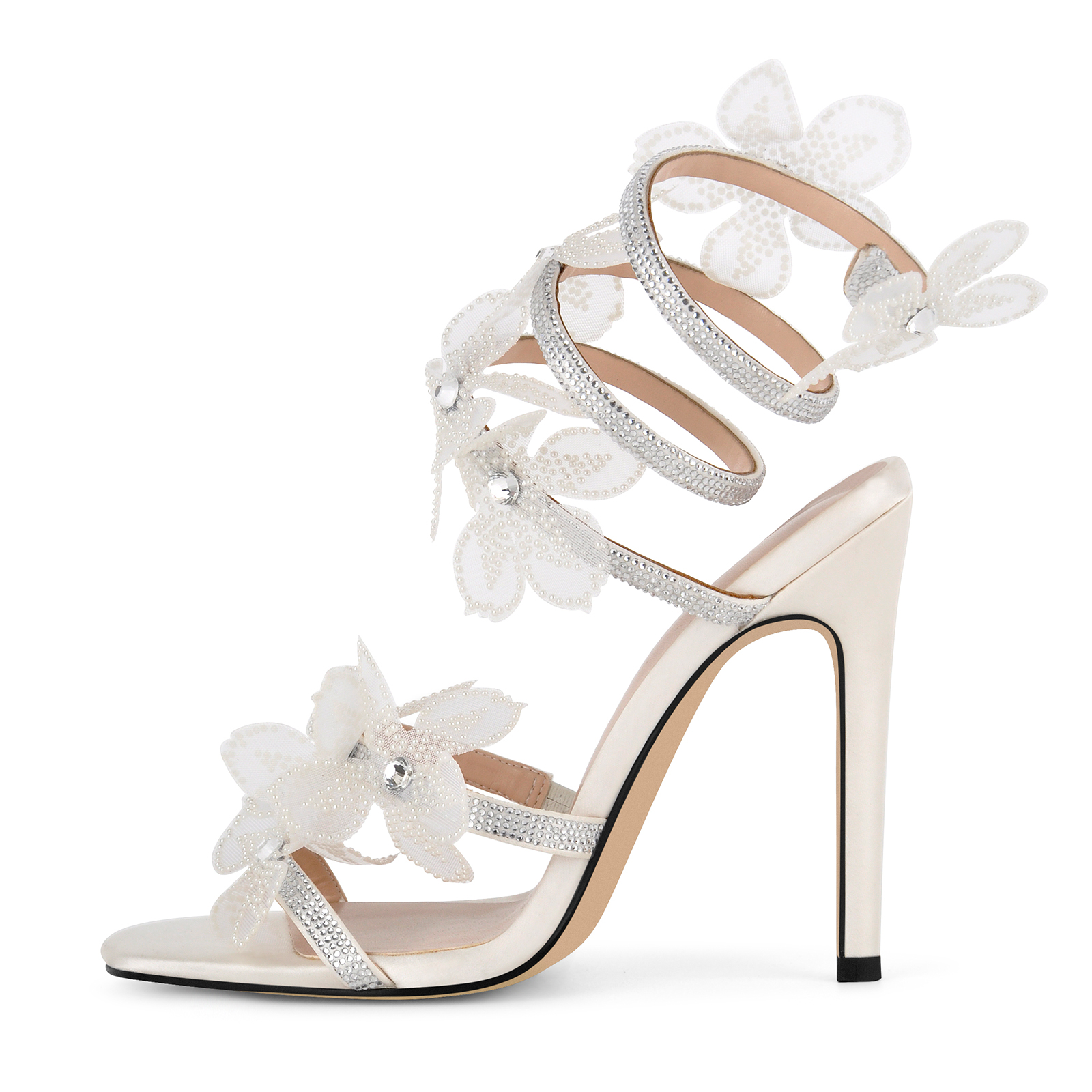 Beaded Flower Rhinestone Wrap Ankle Strap Satin Sandals
