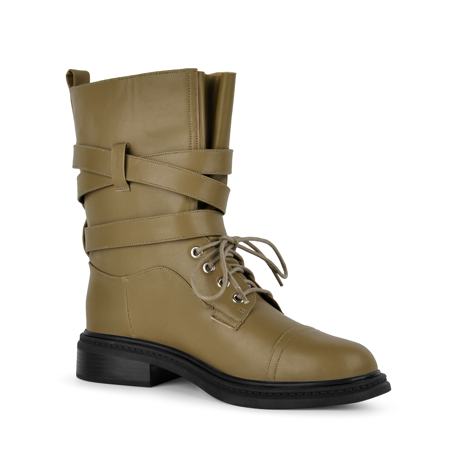 Round Toe Wrap Buckle Strap Lace-up Moto Ankle Boots