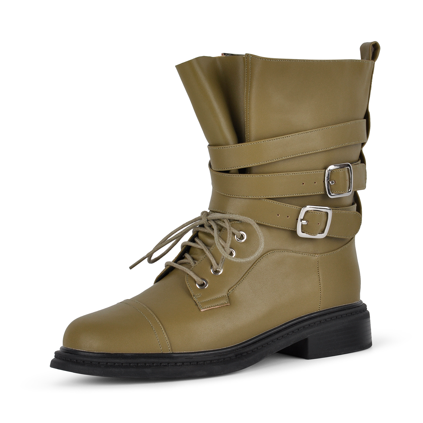 Round Toe Wrap Buckle Strap Lace-up Moto Ankle Boots