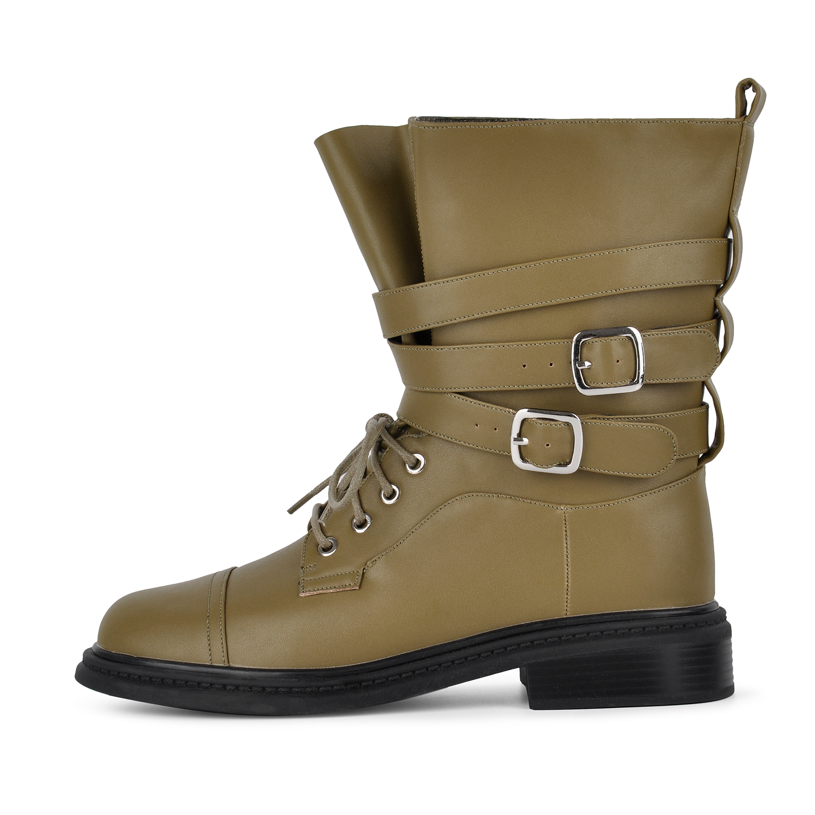 Round Toe Wrap Buckle Strap Lace-up Moto Ankle Boots