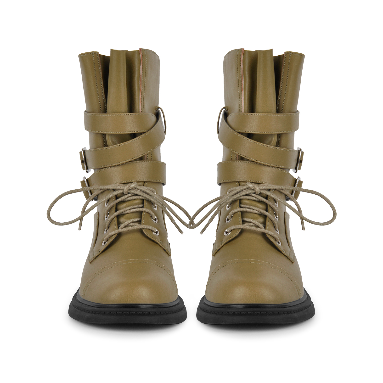 Round Toe Wrap Buckle Strap Lace-up Moto Ankle Boots