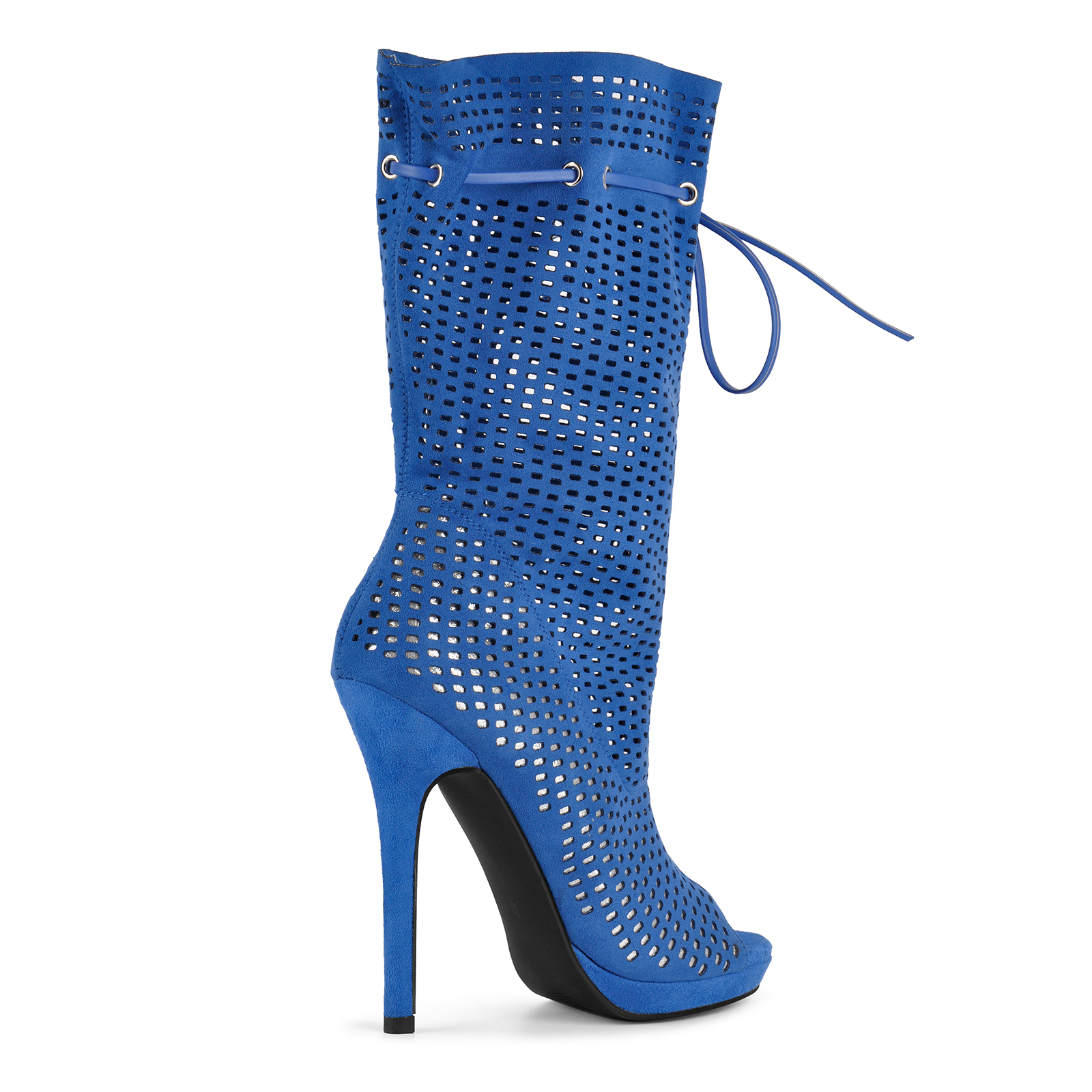 Platform Perforated Suede Drawstring Mid-Calf Boots