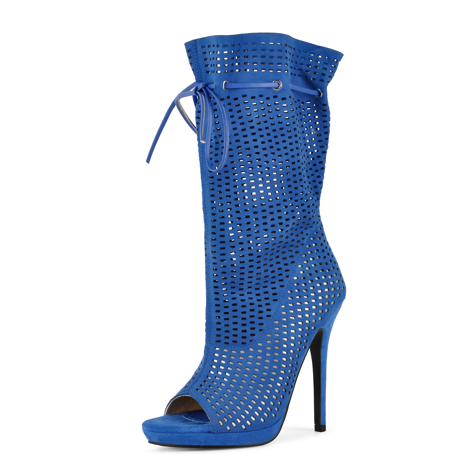 Platform Perforated Suede Drawstring Mid-Calf Boots
