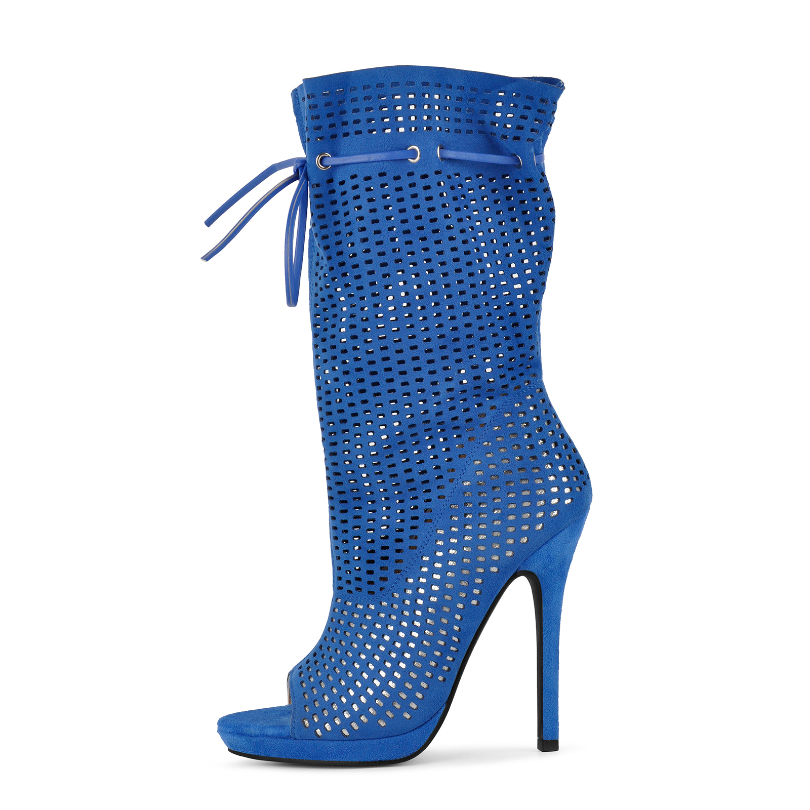 Platform Perforated Suede Drawstring Mid-Calf Boots