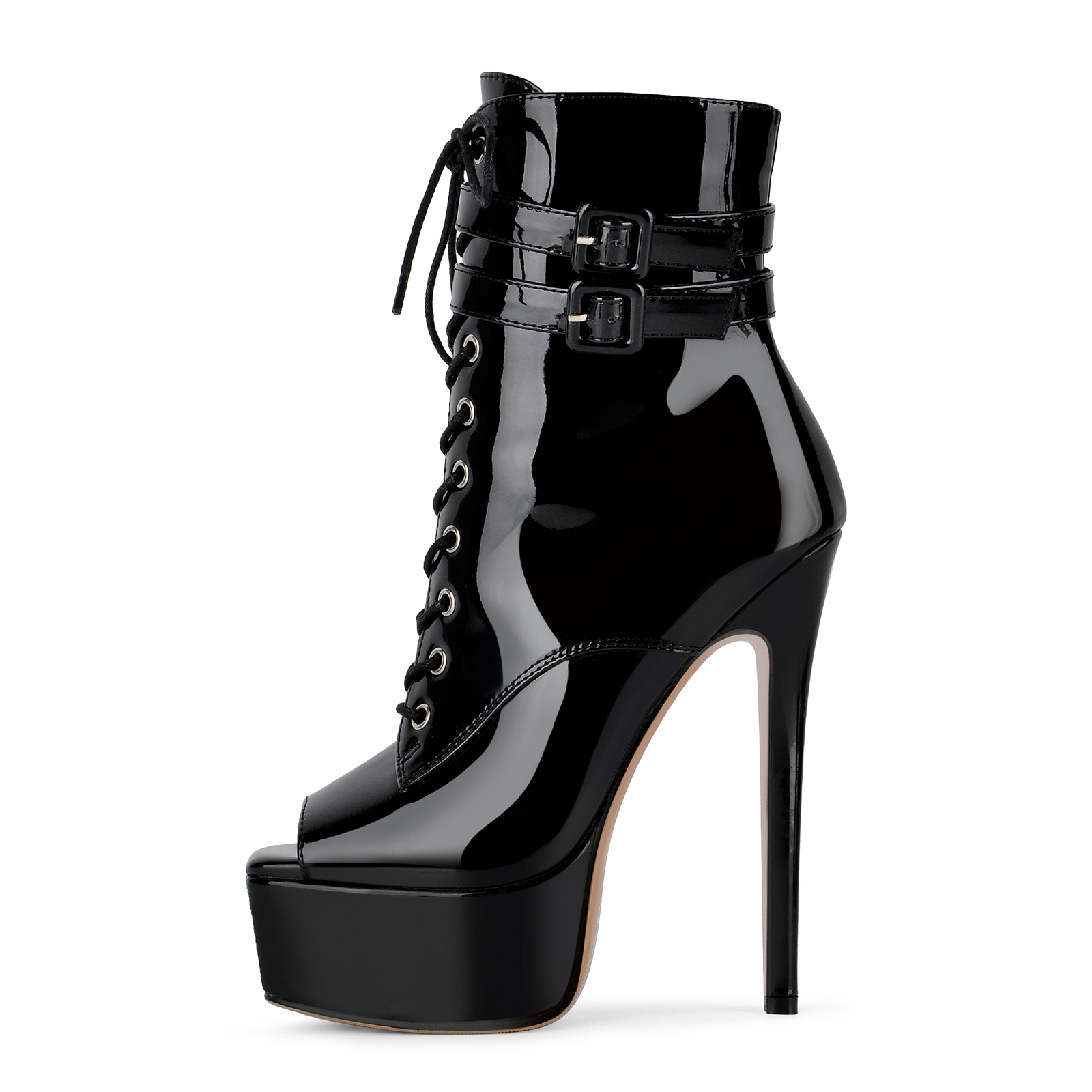 Open Square Toe Platform Lace-up Buckle Ankle Boots