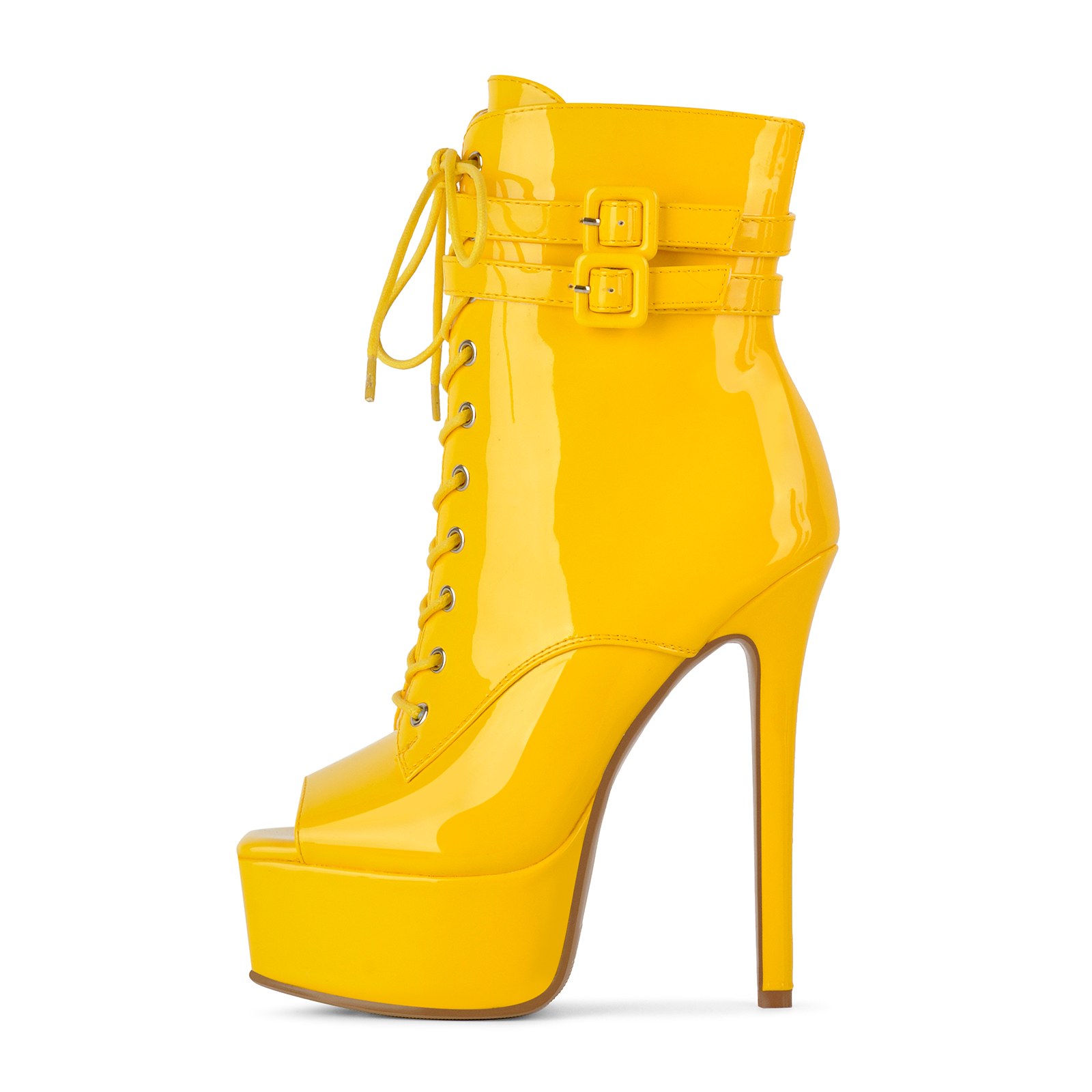 Open Square Toe Platform Lace-up Buckle Ankle Boots