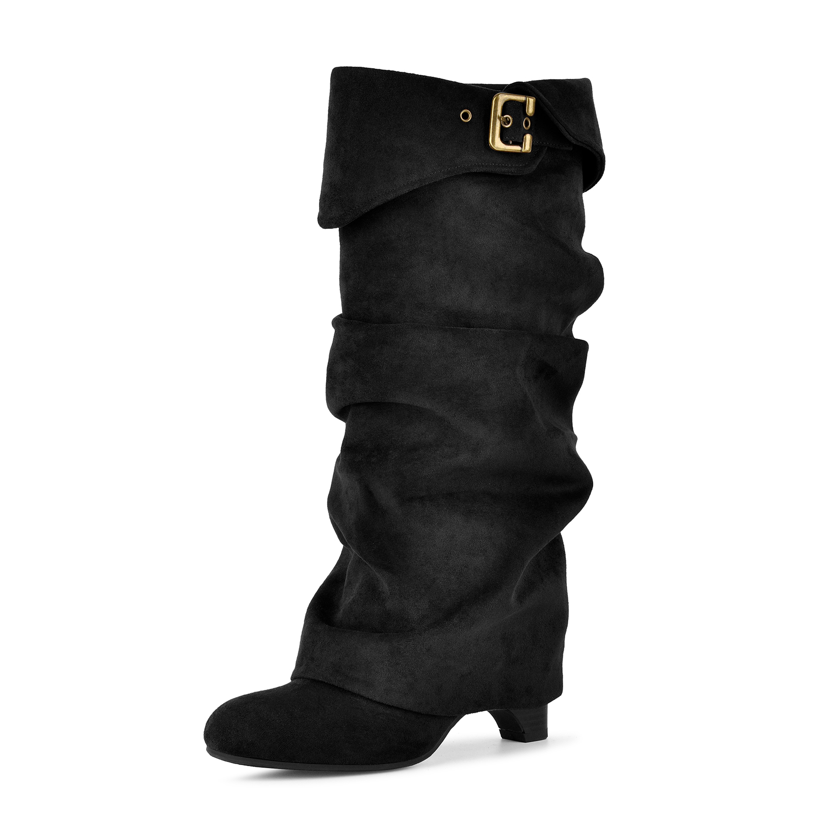 Suede Slouchy Fold Over Cuff Buckle Knee High Boots
