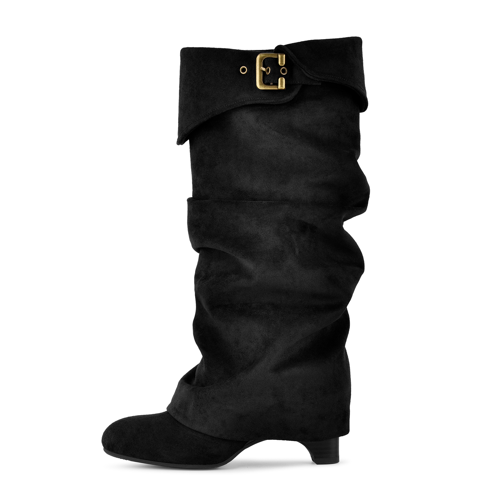 Suede Slouchy Fold Over Cuff Buckle Knee High Boots