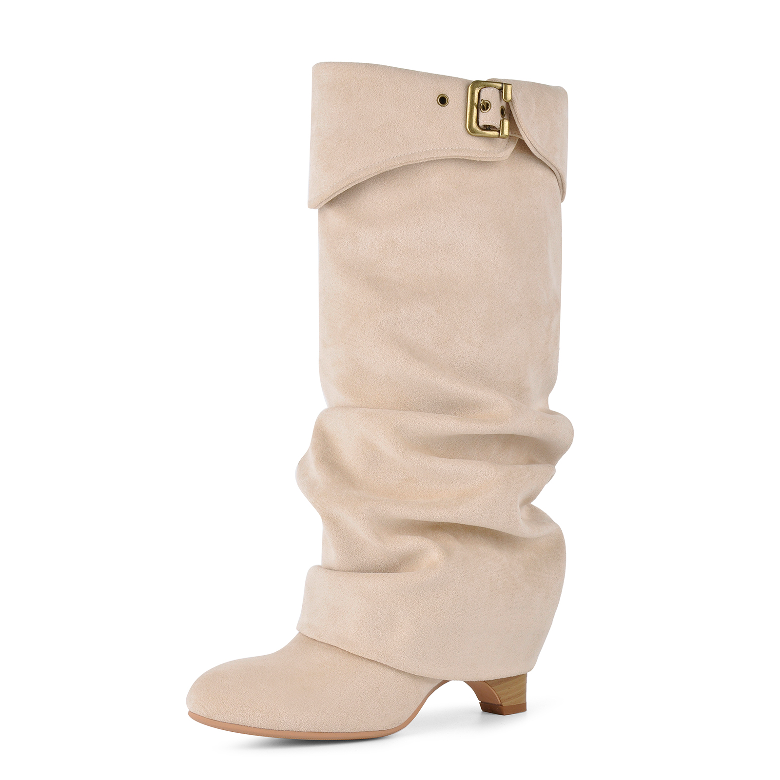 Suede Slouchy Fold Over Cuff Buckle Knee High Boots