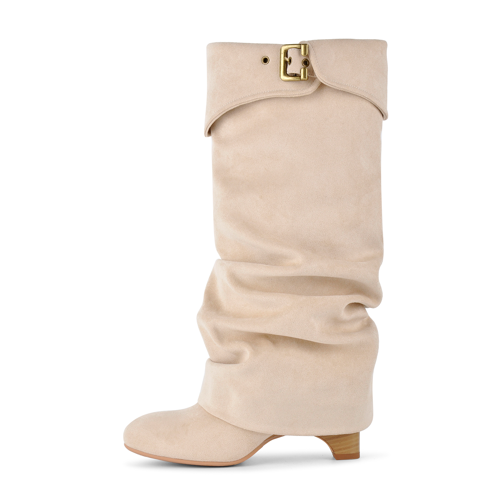 Suede Slouchy Fold Over Cuff Buckle Knee High Boots