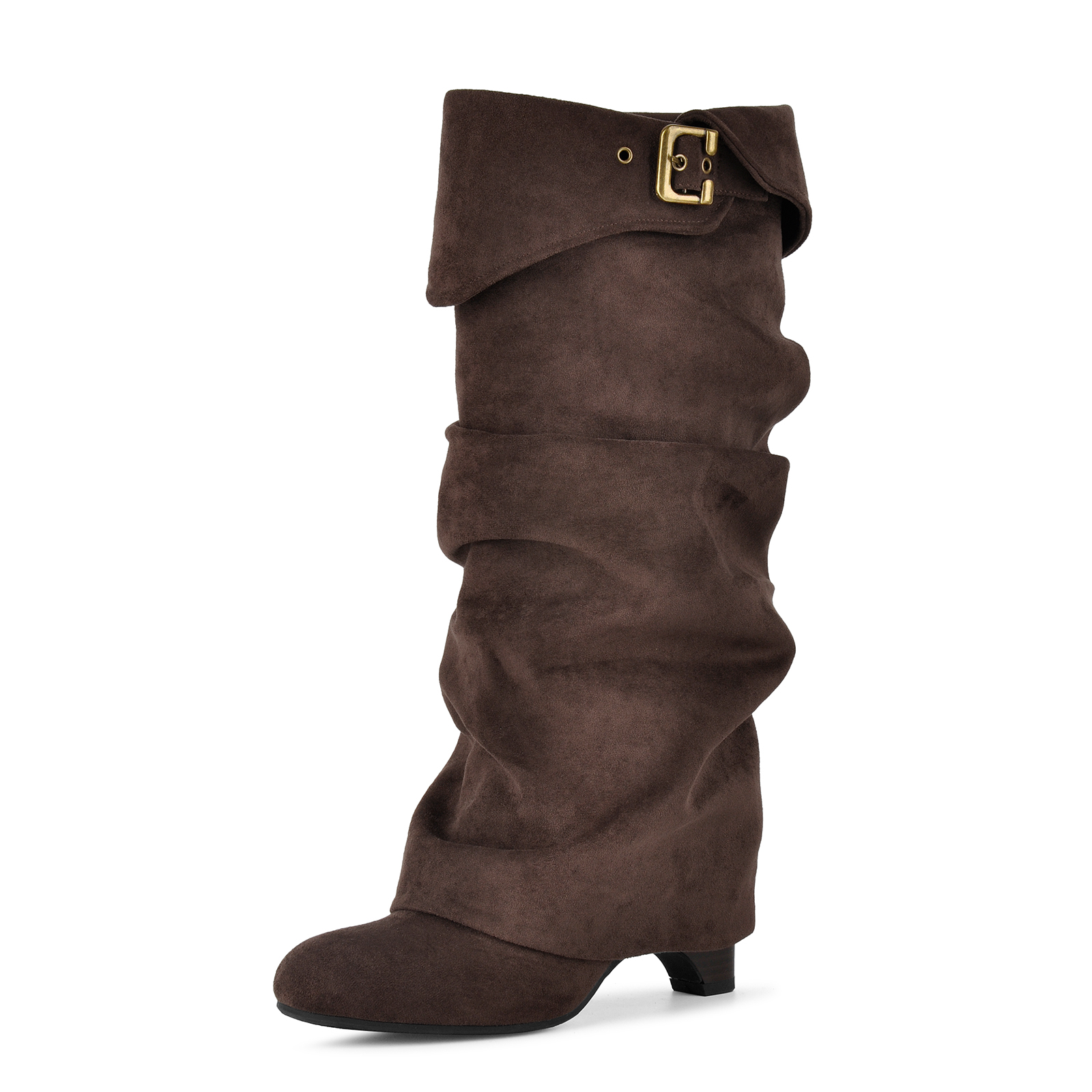 Suede Slouchy Fold Over Cuff Buckle Knee High Boots