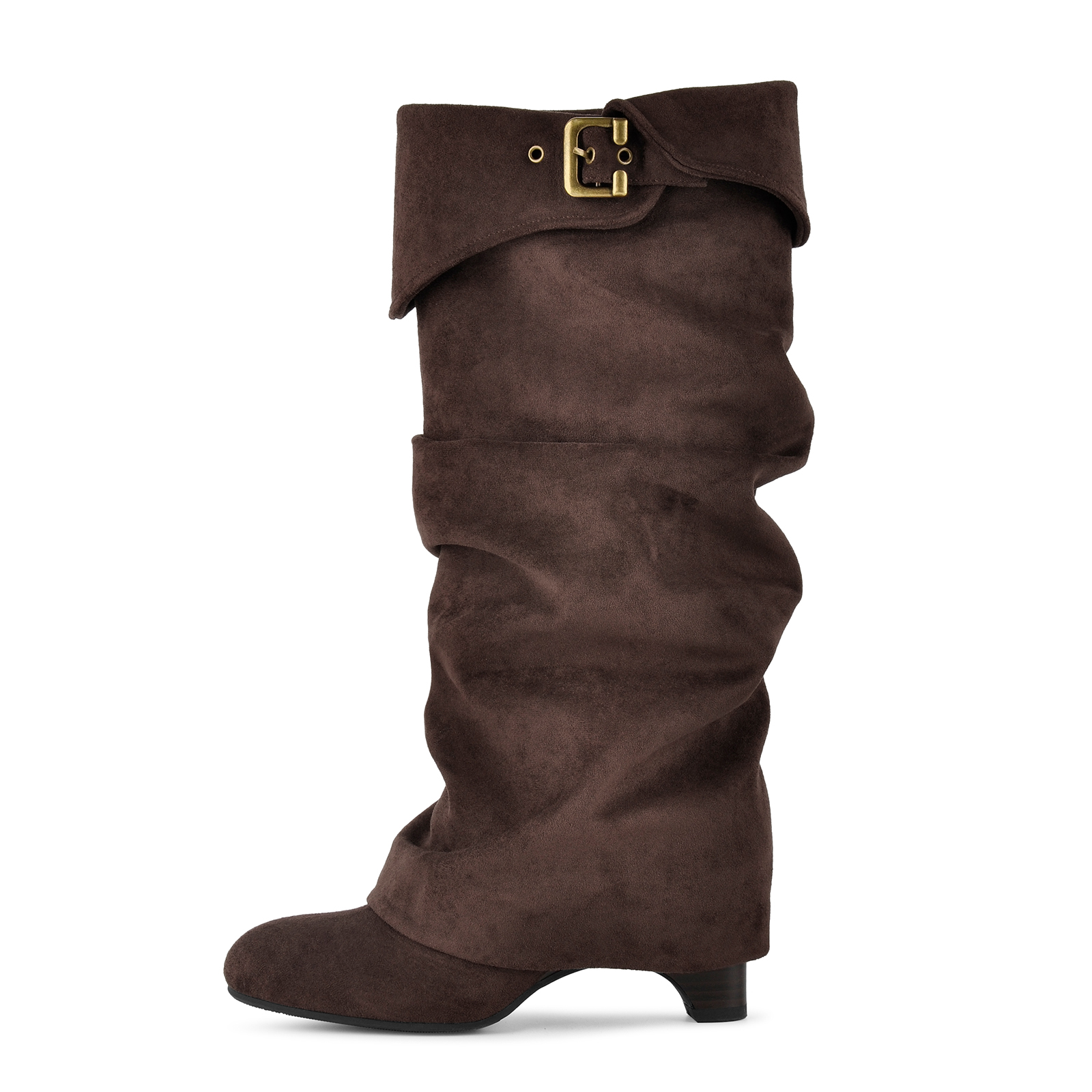 Suede Slouchy Fold Over Cuff Buckle Knee High Boots