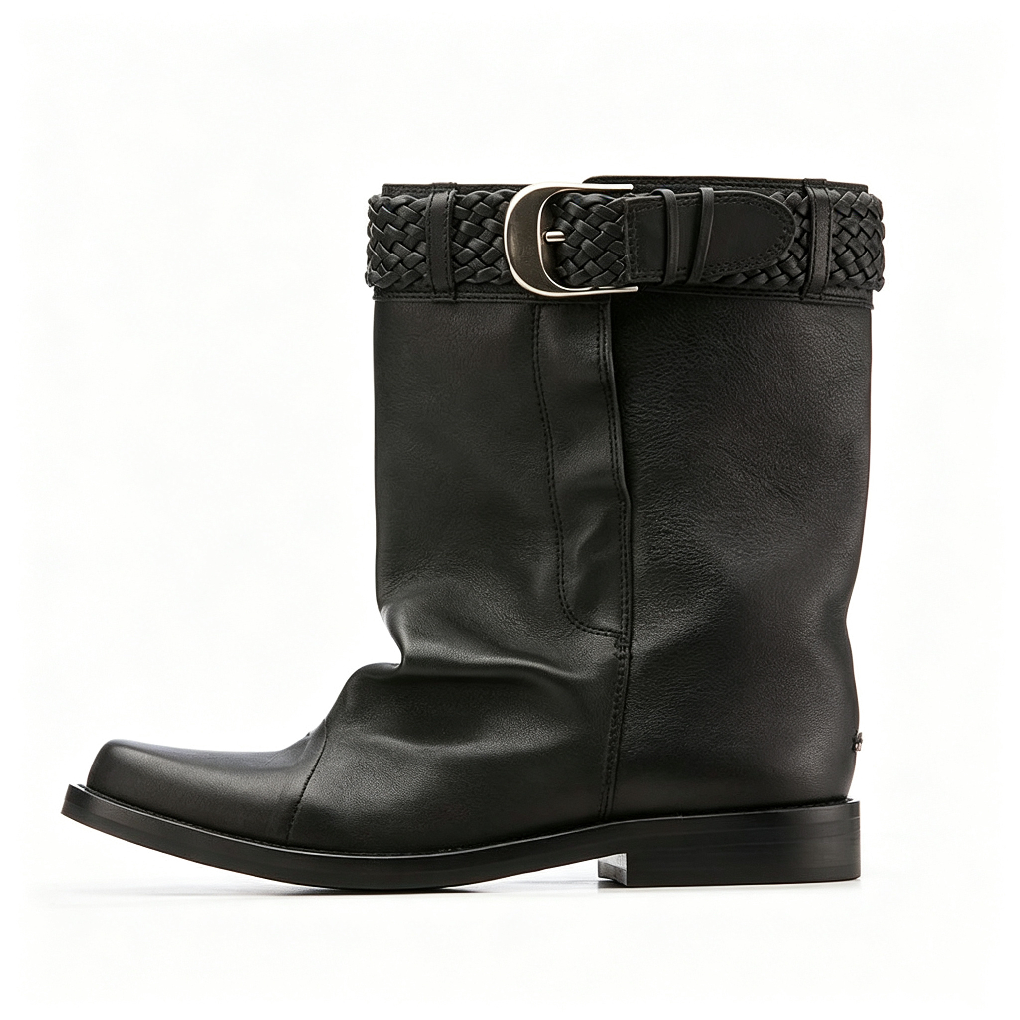 Square Toe Braided Buckle Strap Ankle Boots