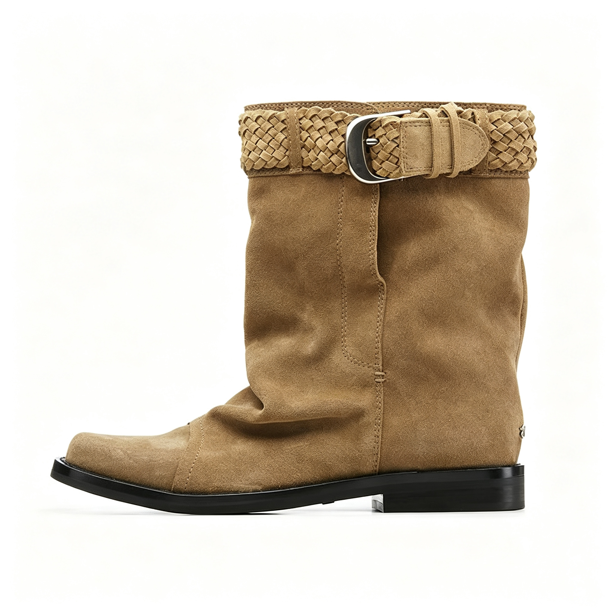 Square Toe Braided Buckle Strap Ankle Boots