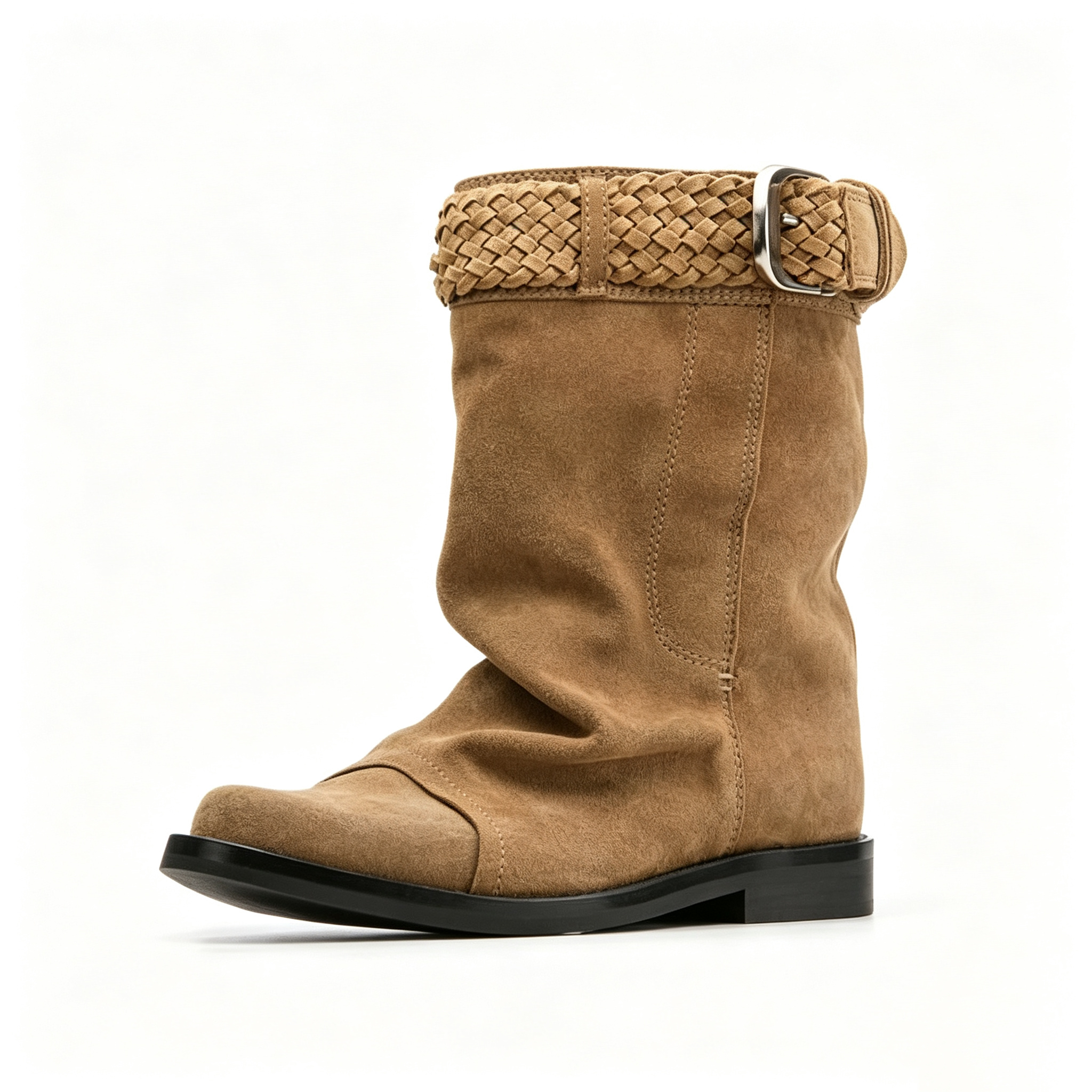Square Toe Braided Buckle Strap Ankle Boots