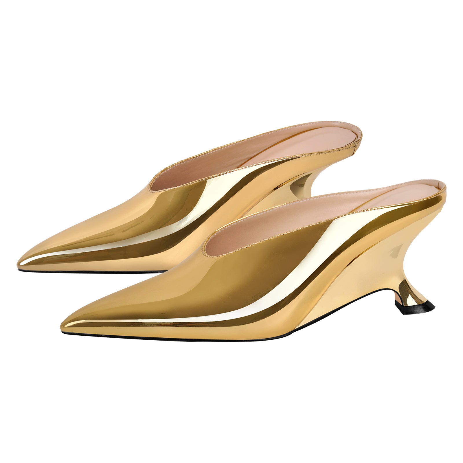 Pointed Toe Patent Leather Wedge Heel Mule Pumps