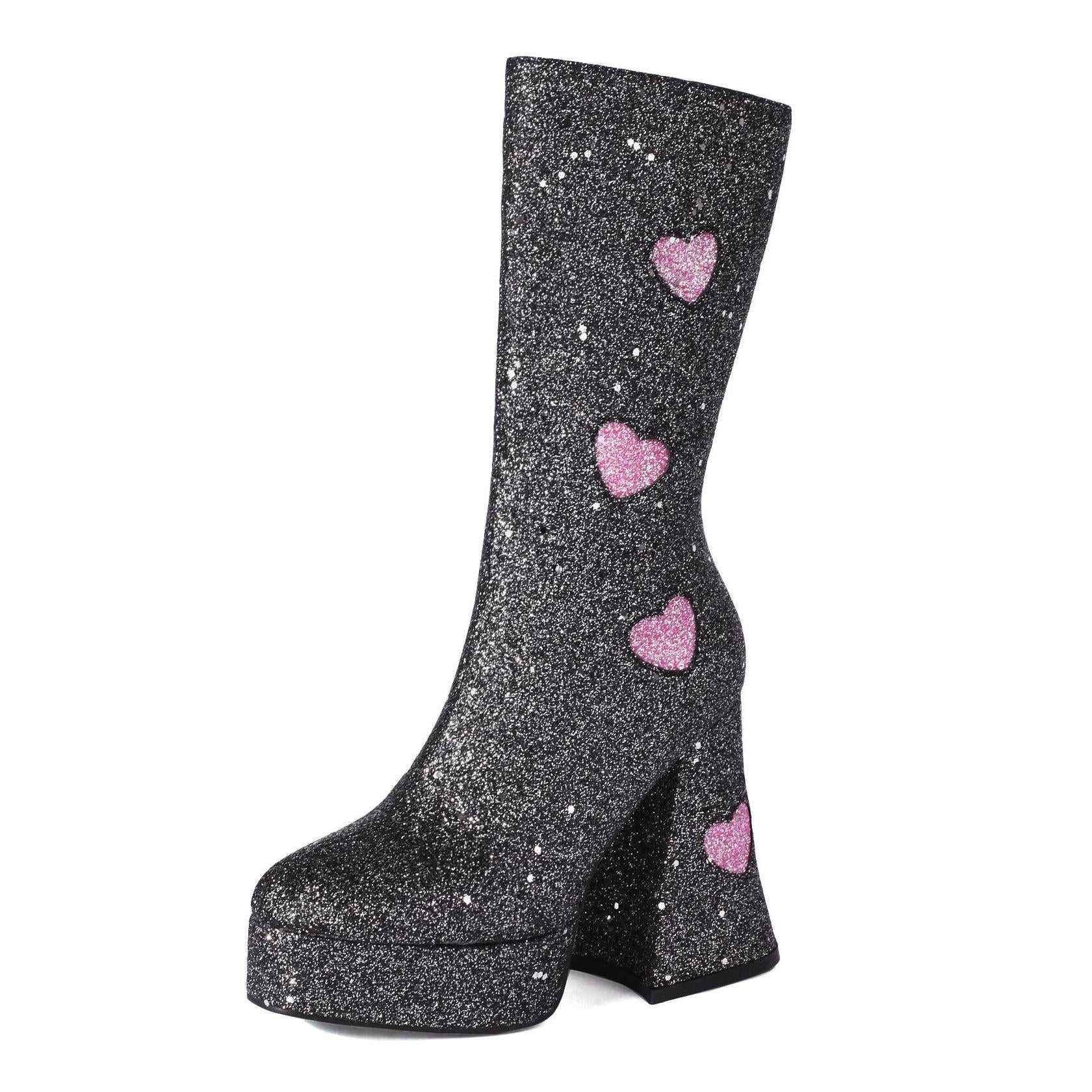 Platform Glitter Sequin Heart Mid-Calf Boots