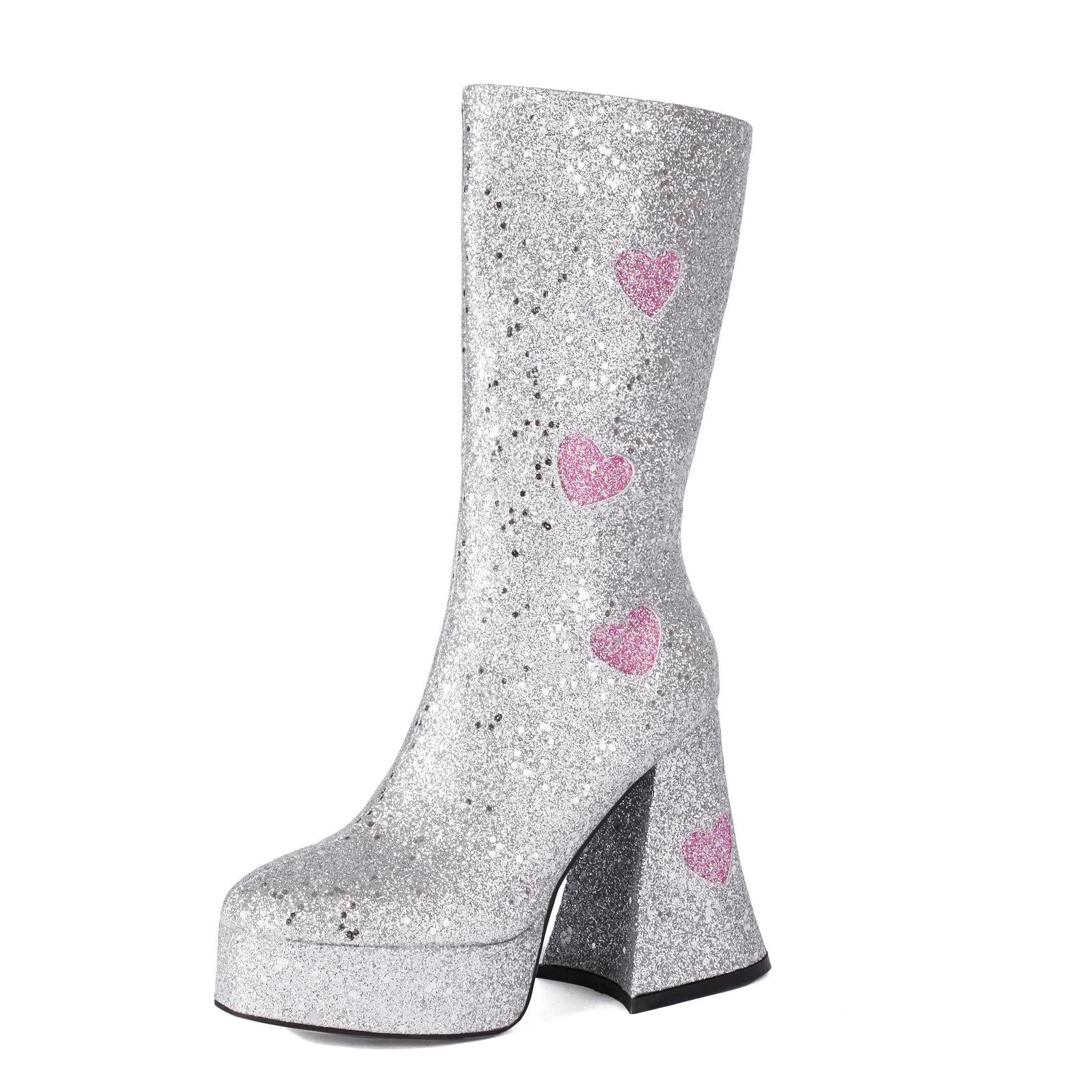 Platform Glitter Sequin Heart Mid-Calf Boots